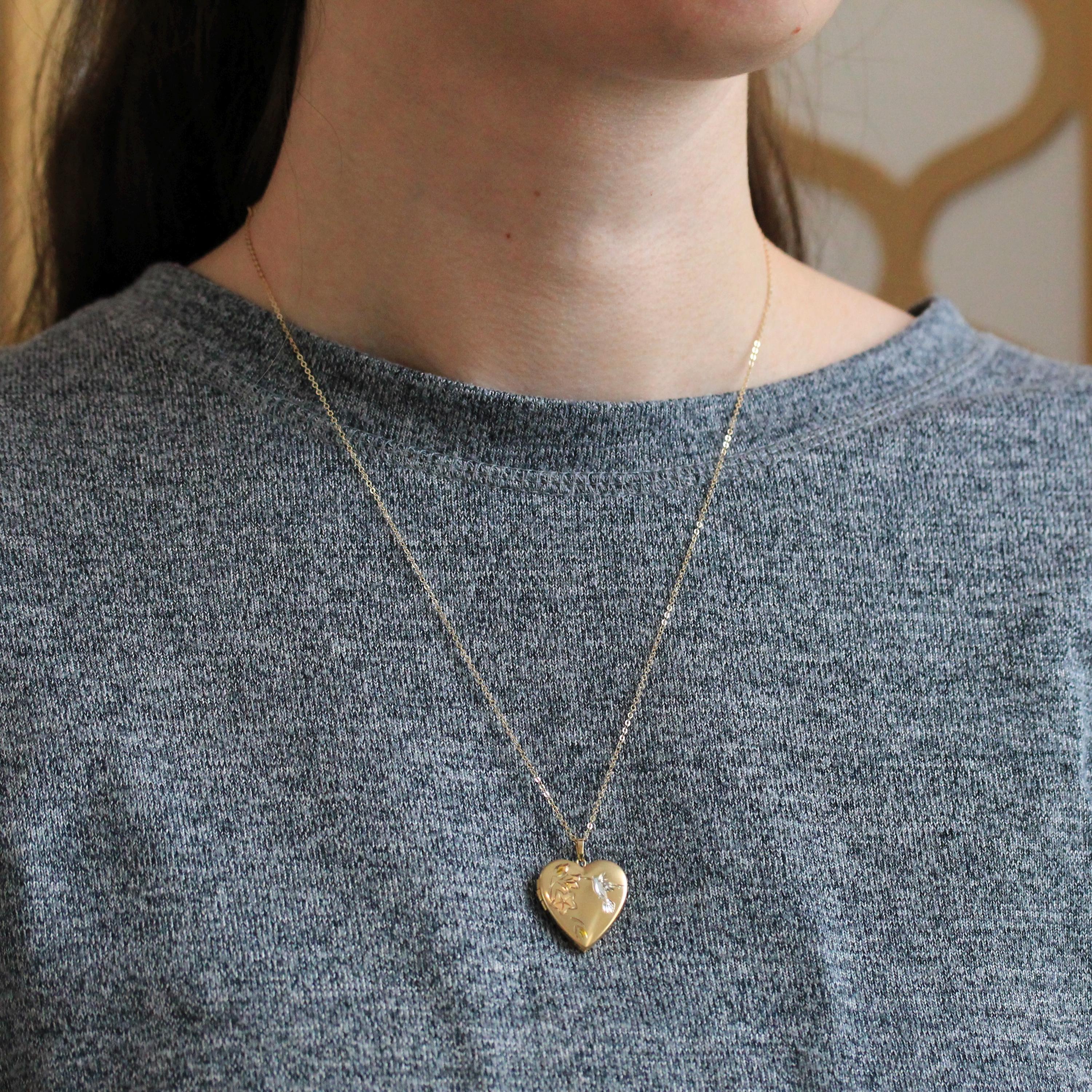 Hummingbird Heart Locket - Modern 14k Gold Filled Tri Color Flowers Bird Necklace Pendant - Circa 2000's Era Photograph Keepsake Jewelry