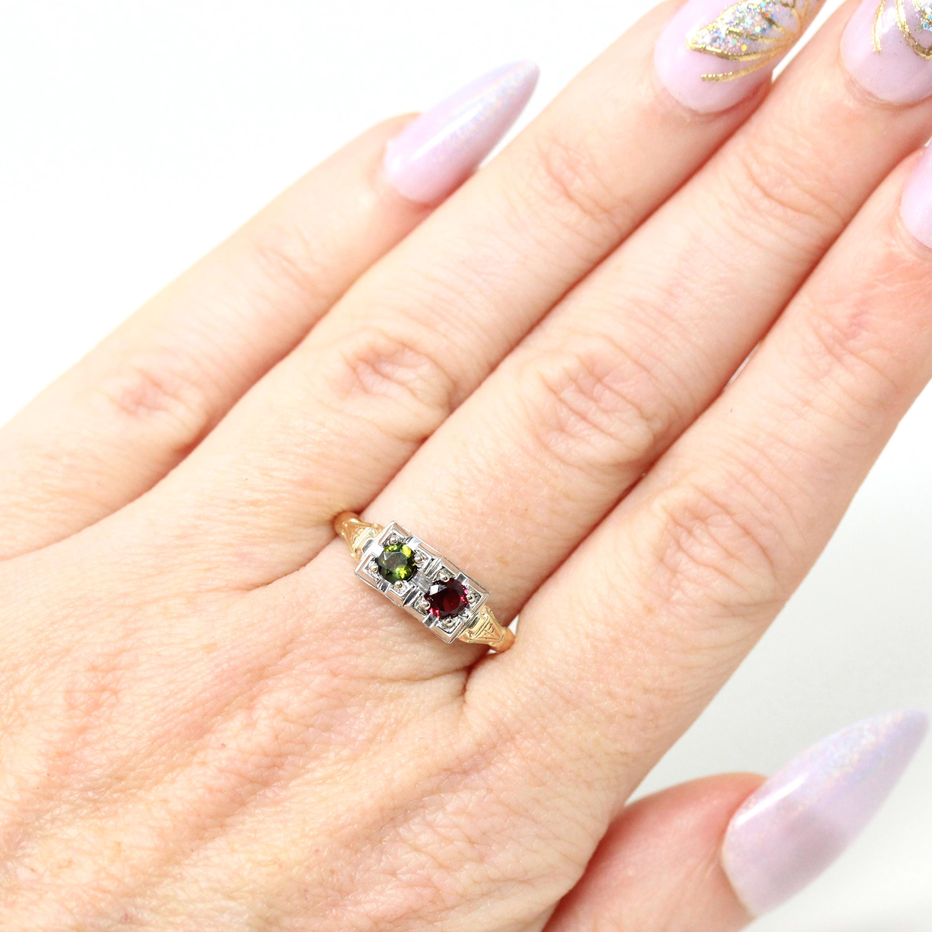 Garnet & Tourmaline Ring - Retro Era 14k Yellow and White Gold Natural Red Green Gemstones - Vintage 1940s Size 6 1/4 Fine Two Tone Jewelry