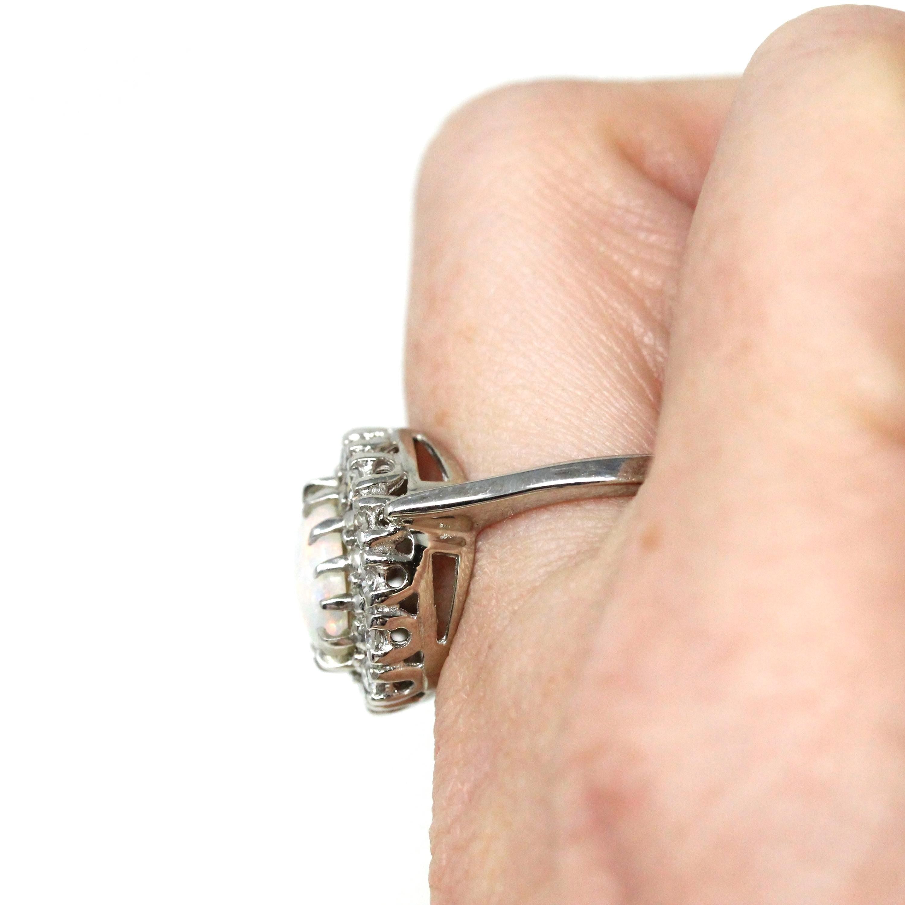 Vintage Opal & Diamond Halo Ring - Mid Century 14k White Gold Natural Gems - Retro Circa 1950s Era Size 6 1/2 Rainbow Cluster Fine Jewelry