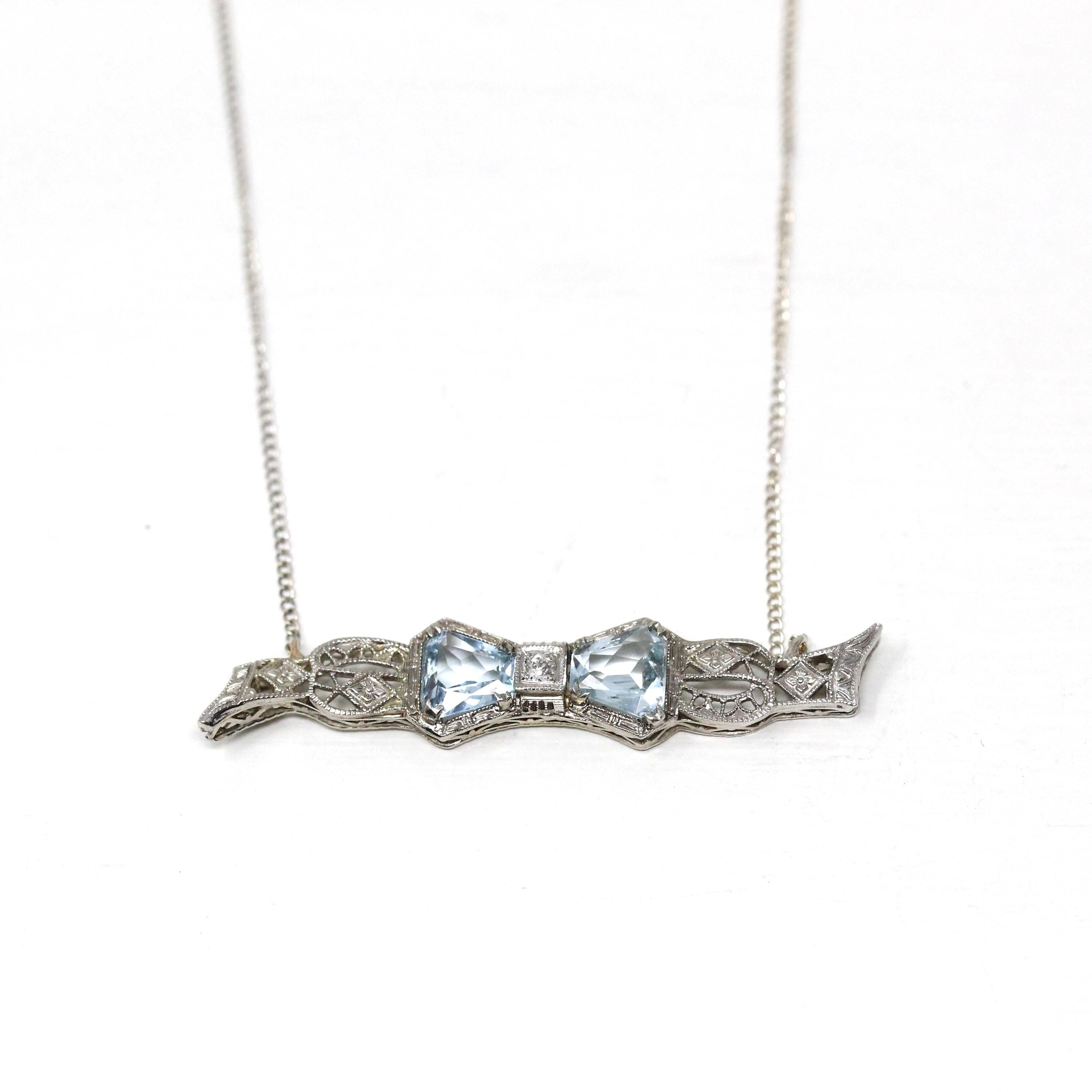Aquamarine Bow Necklace - Art Deco 14k White Gold Filigree .06 CT Diamond Pin Conversion Bar Pendant - Vintage Circa 1930s Era Fine Jewelry