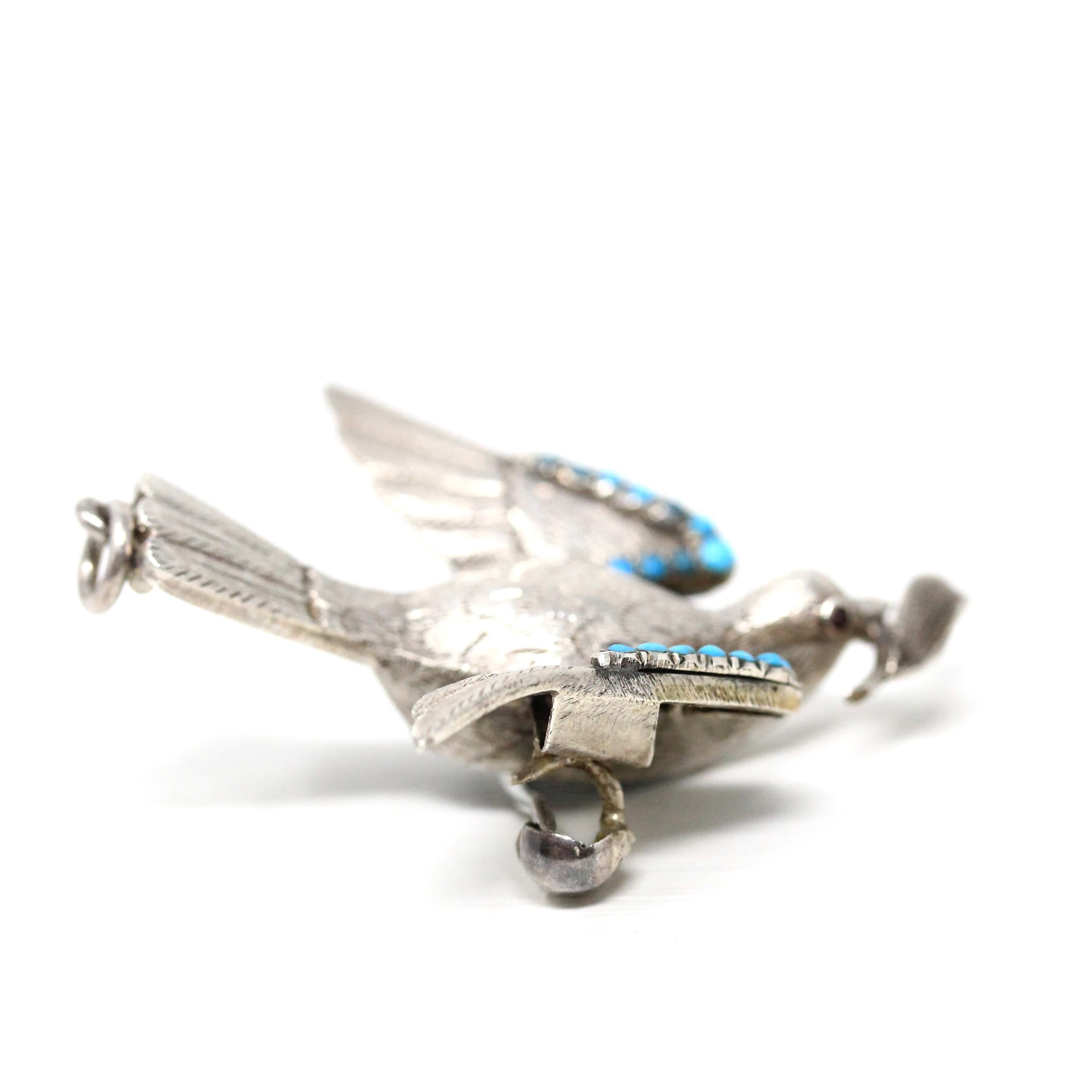 Silver Bird Brooch - Retro Era Handmade Silver & Turquoise Gemstones Avian Pendant - Vintage Circa 1940s Perfume Compartment Fine Jewelry