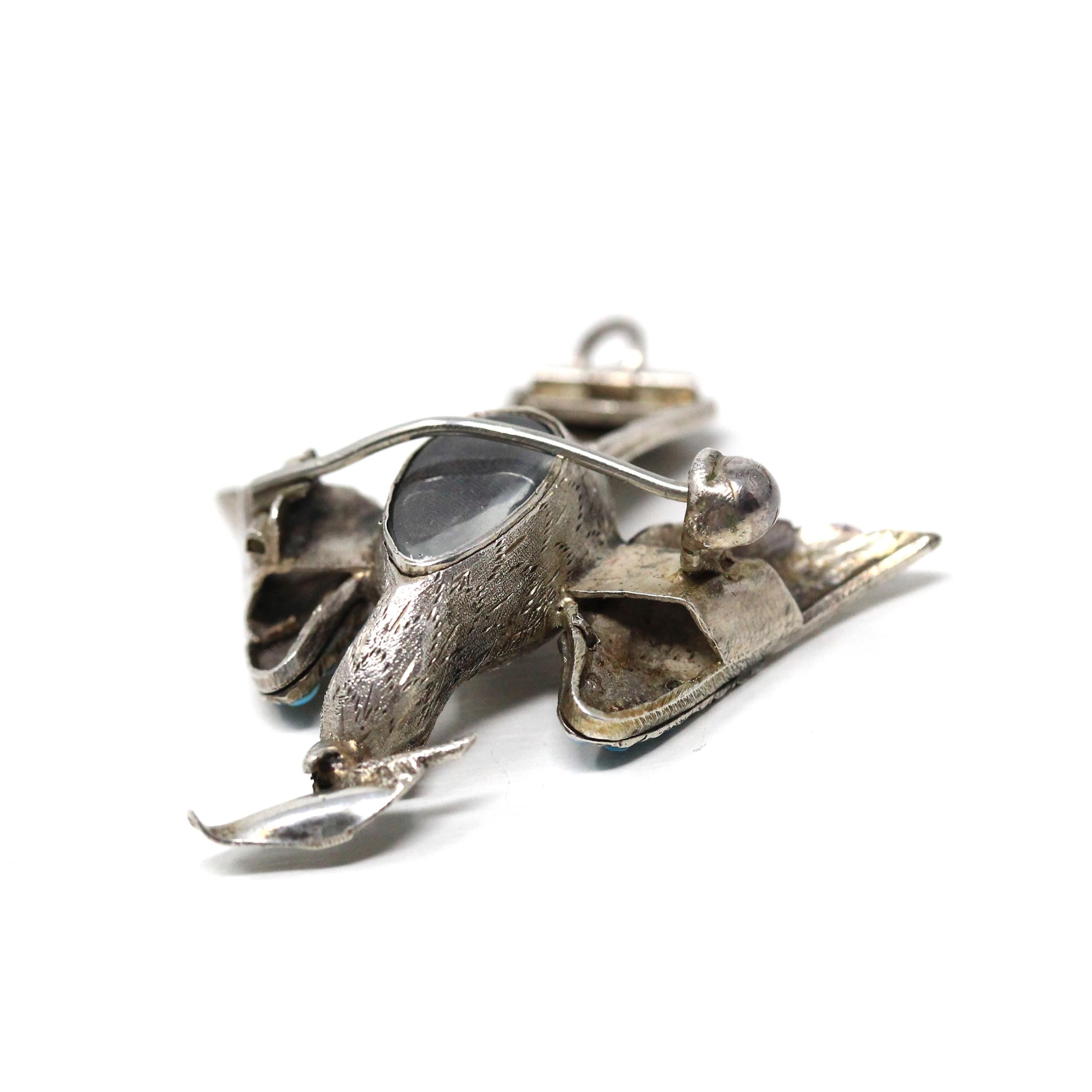Silver Bird Brooch - Retro Era Handmade Silver & Turquoise Gemstones Avian Pendant - Vintage Circa 1940s Perfume Compartment Fine Jewelry