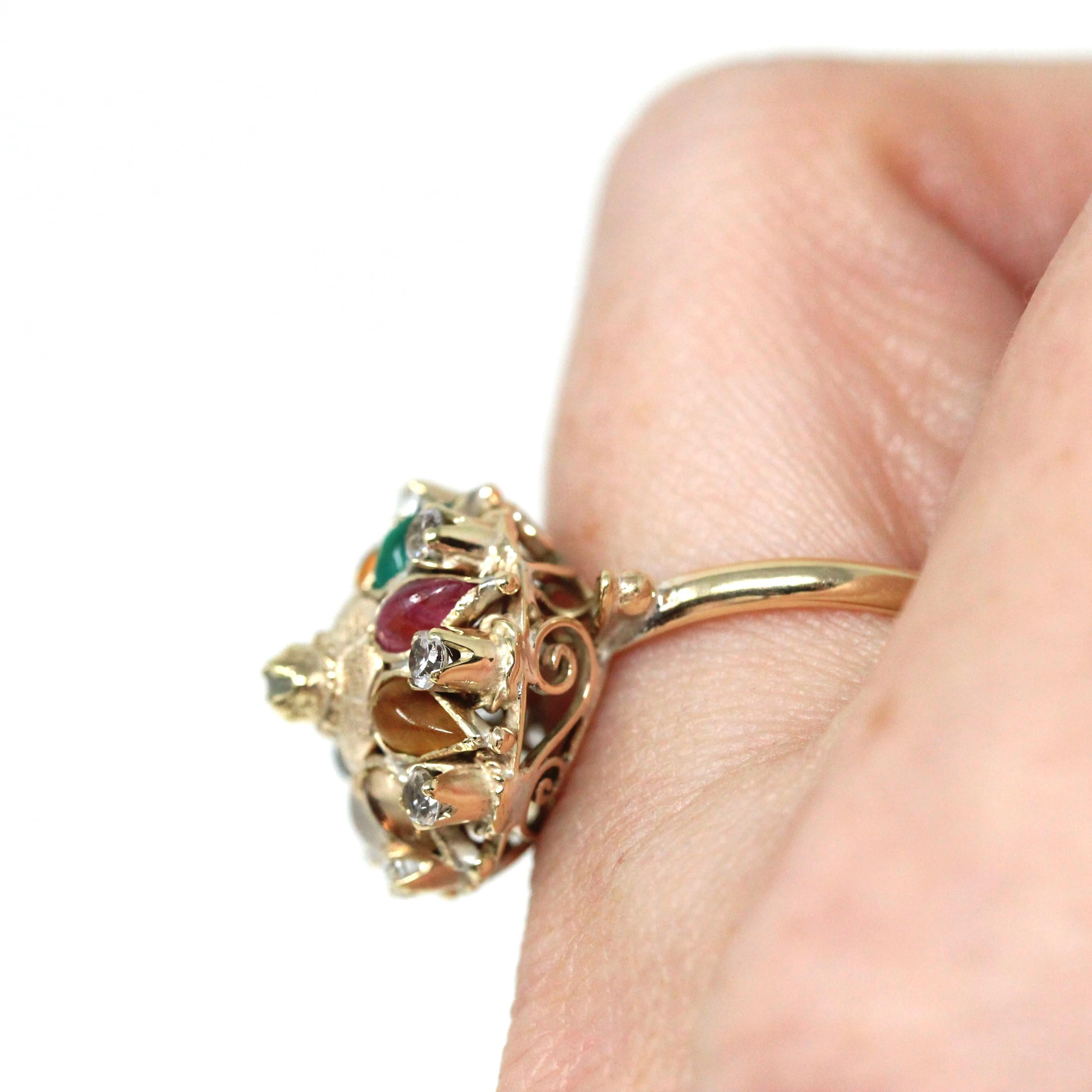 Thai Princess Ring - Retro 10k Yellow Gold Spinel Glass Tiger's Eye Ruby Sapphire Flower Gemstones - Vintage Circa 1960s Size 7 3/4 Jewelry