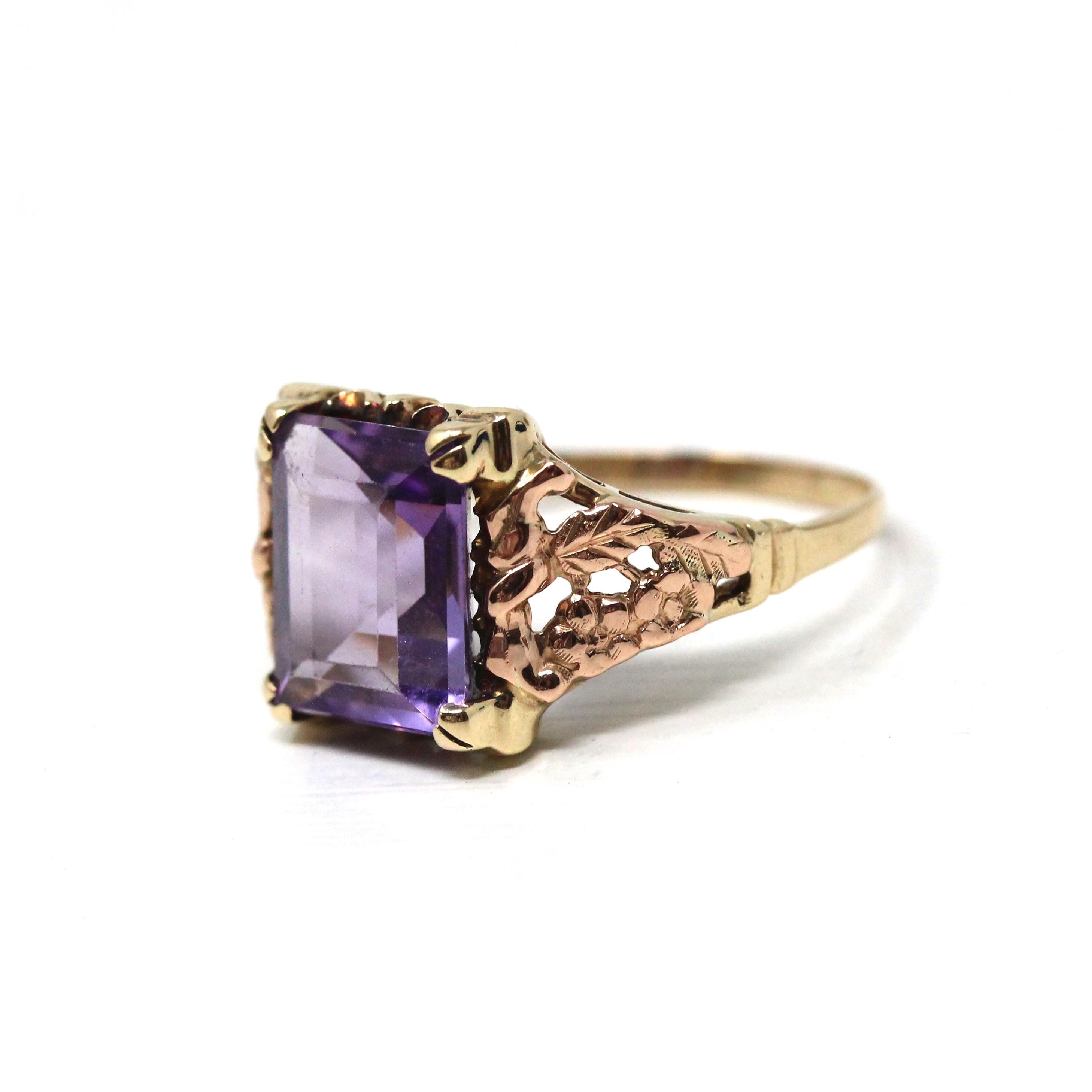 Vintage Amethyst Ring - Retro 10k Yellow & Rose Gold Natural Purple Faceted Gemstone - Circa 1940s Era Size 7 1/2 Two Tone Fine 40s Jewelry
