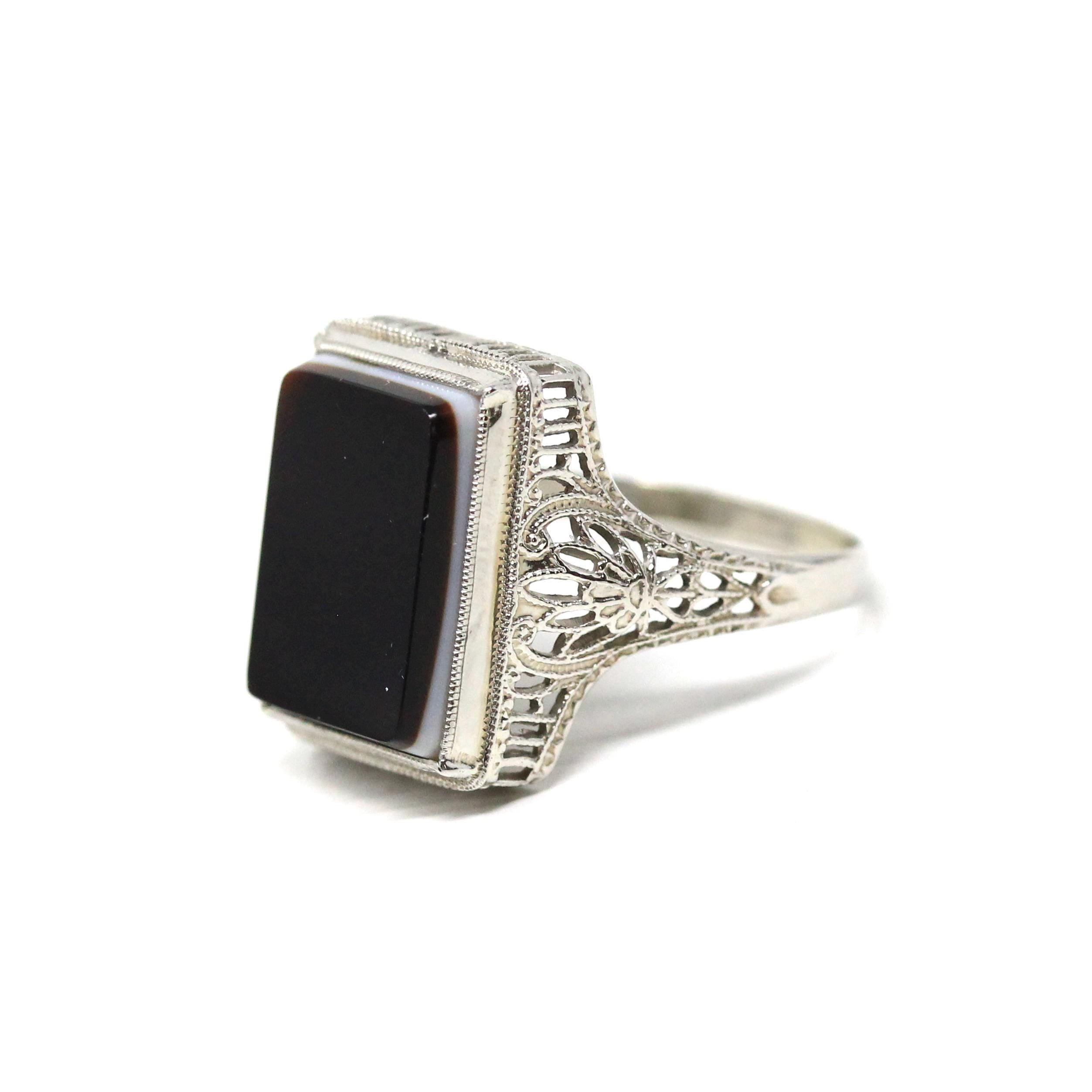 Vintage Onyx Ring - Art Deco 10k White Gold Natural Black & White Gemstone Statement - Circa 1930s Size 6 1/2 Fine Floral Filigree Jewelry