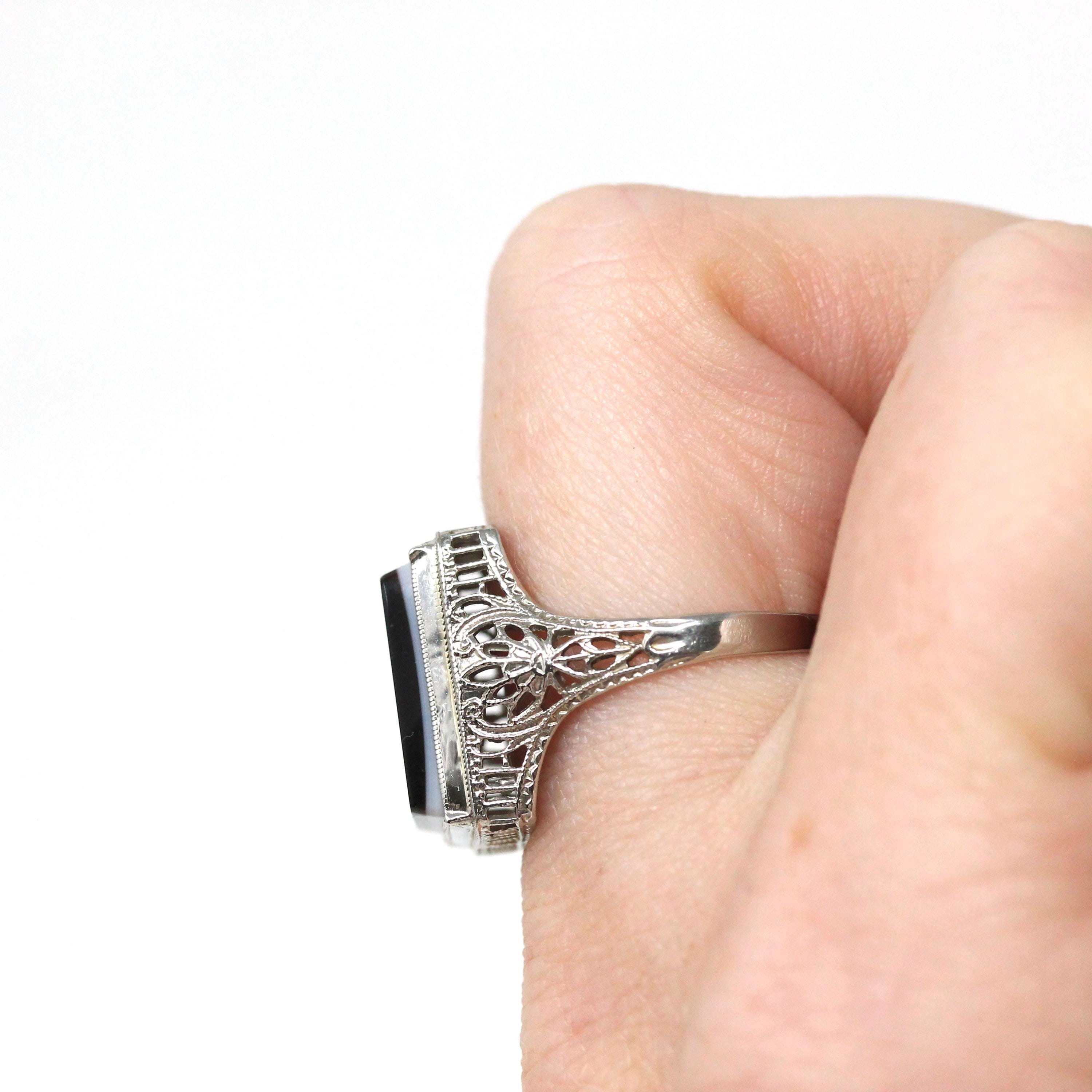 Vintage Onyx Ring - Art Deco 10k White Gold Natural Black & White Gemstone Statement - Circa 1930s Size 6 1/2 Fine Floral Filigree Jewelry