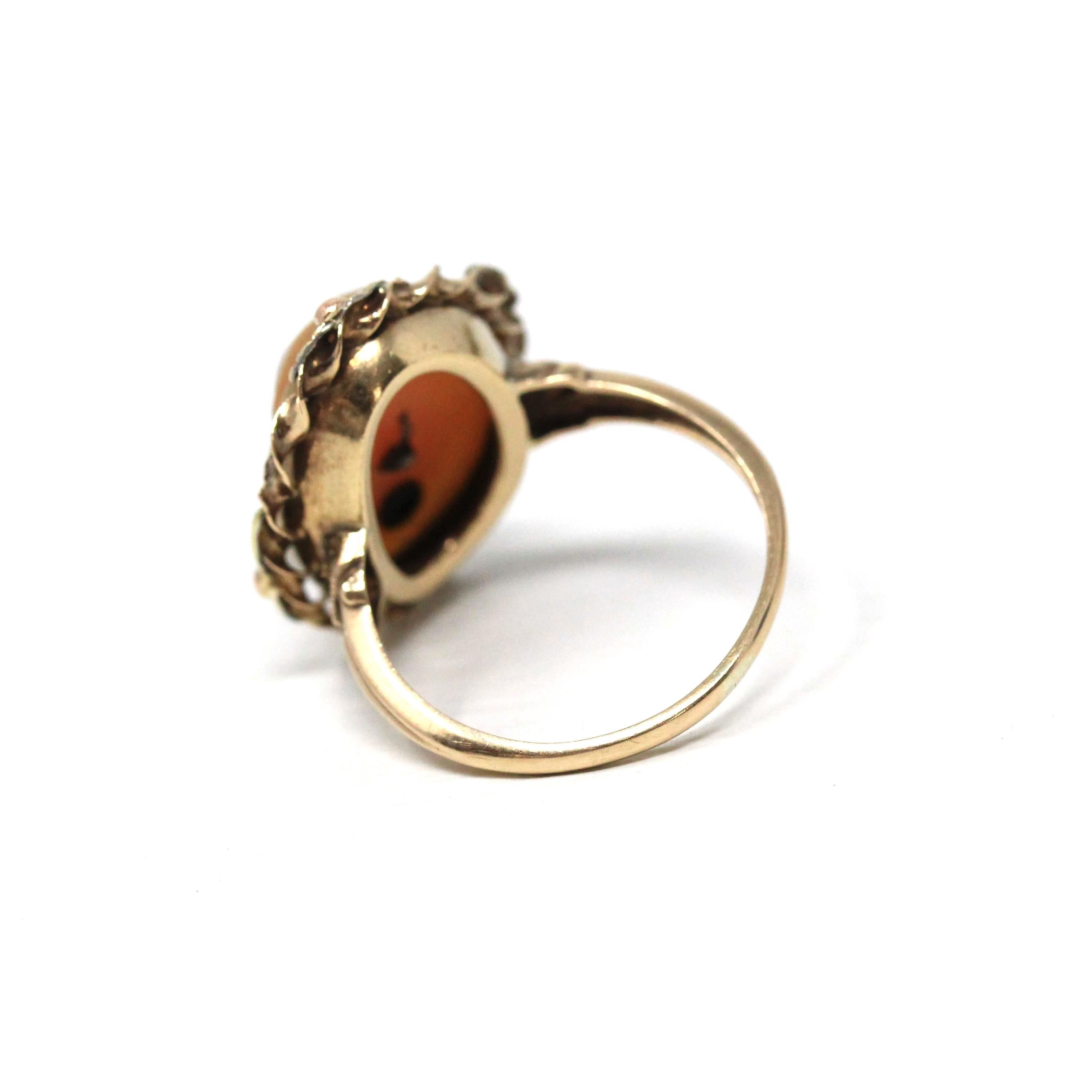 Vintage Cameo Ring - Retro 10k Yellow Gold Diamond Habillé Organic Oval Carved Shell - Circa 1940s Size 6 Woman Portrait Fine 40s Jewelry