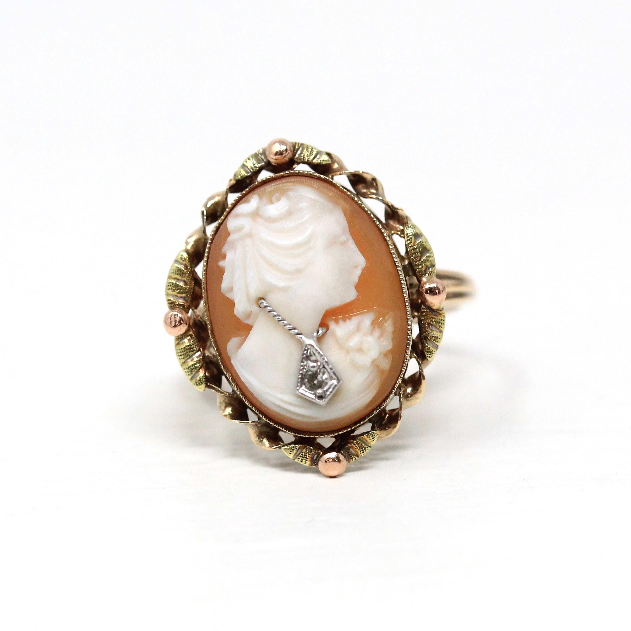 Vintage Cameo Ring - Retro 10k Yellow Gold Diamond Habillé Organic Oval Carved Shell - Circa 1940s Size 6 Woman Portrait Fine 40s Jewelry