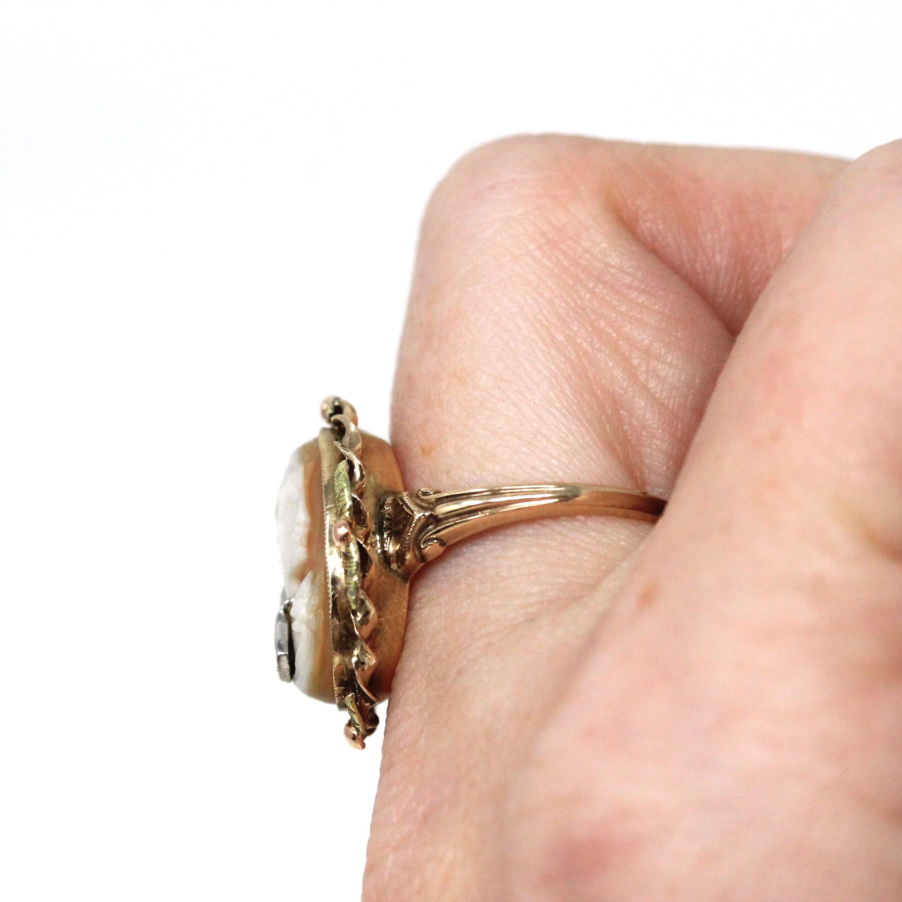 Vintage Cameo Ring - Retro 10k Yellow Gold Diamond Habillé Organic Oval Carved Shell - Circa 1940s Size 6 Woman Portrait Fine 40s Jewelry