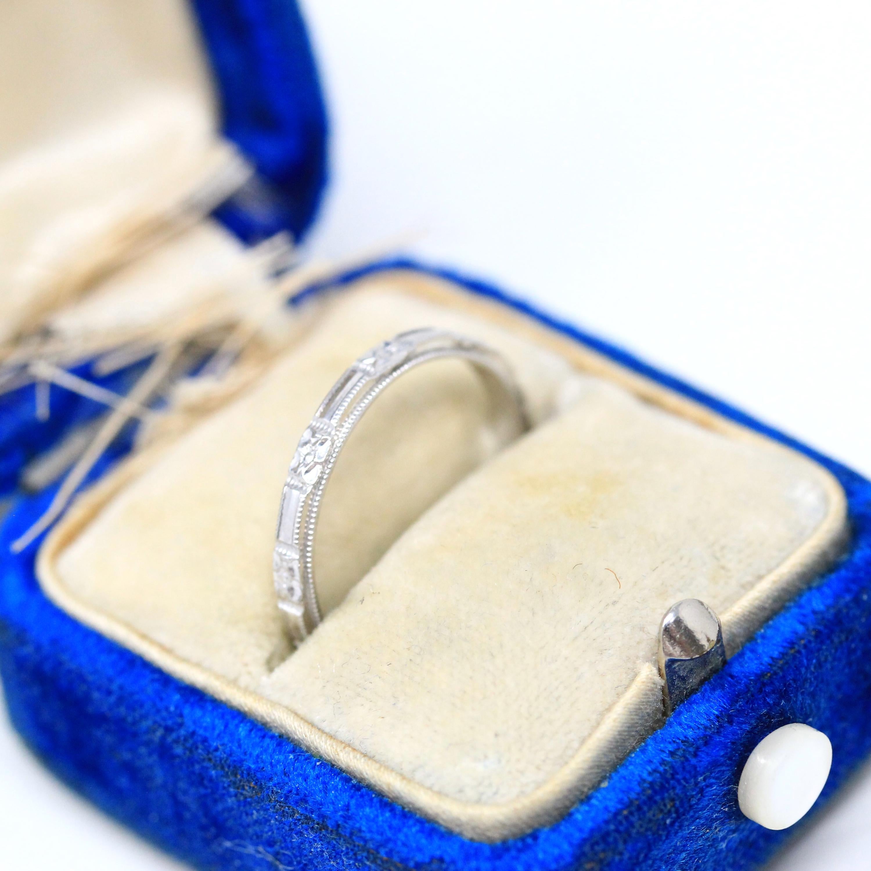 Art Deco Wedding Band - Vintage 18k White Gold Orange Blossom Inscribed Eternity Ring - Circa 1930s Size 5.75 Bridal Fine 30s Floral Jewelry