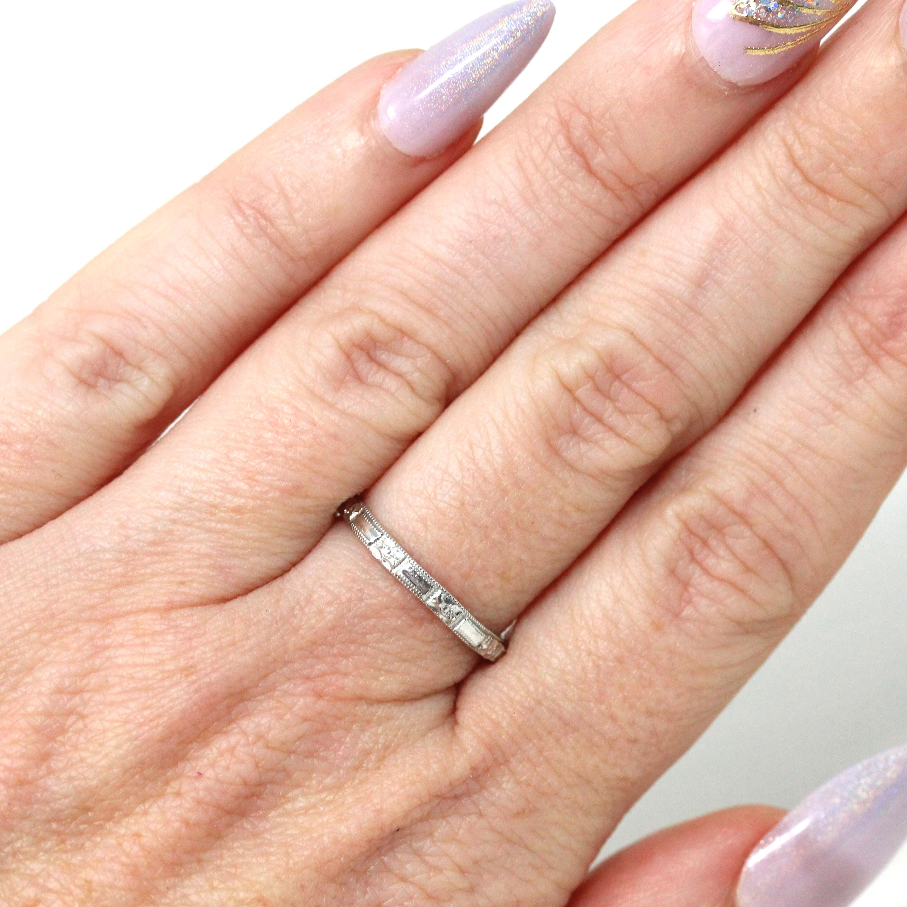 Art Deco Wedding Band - Vintage 18k White Gold Orange Blossom Inscribed Eternity Ring - Circa 1930s Size 5.75 Bridal Fine 30s Floral Jewelry