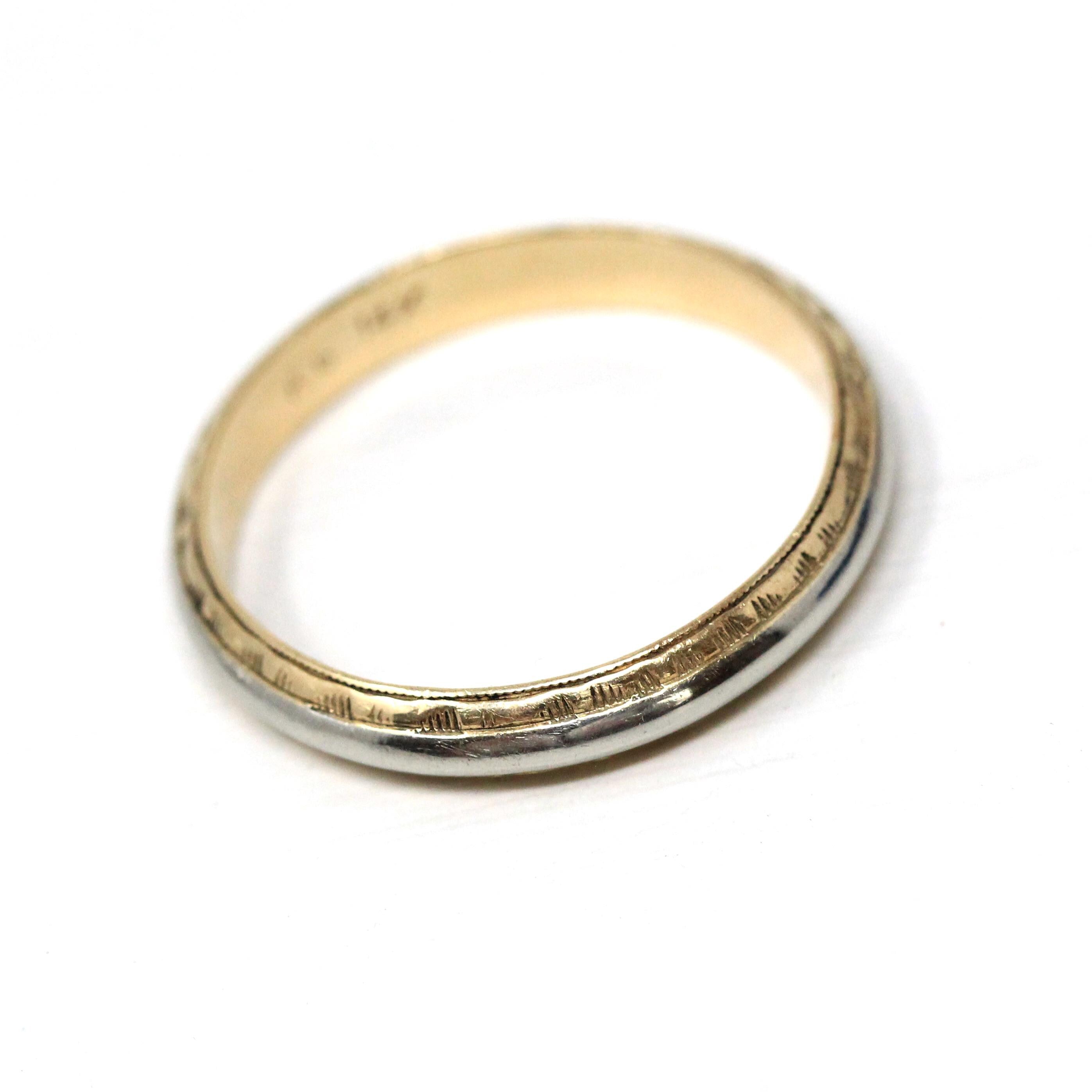 Vintage Wedding Band - Mid Century Era 14k Yellow & White Gold Unisex Two Tone Ring - Circa 1950s Retro Size 12 Men's Unisex Fine Jewelry