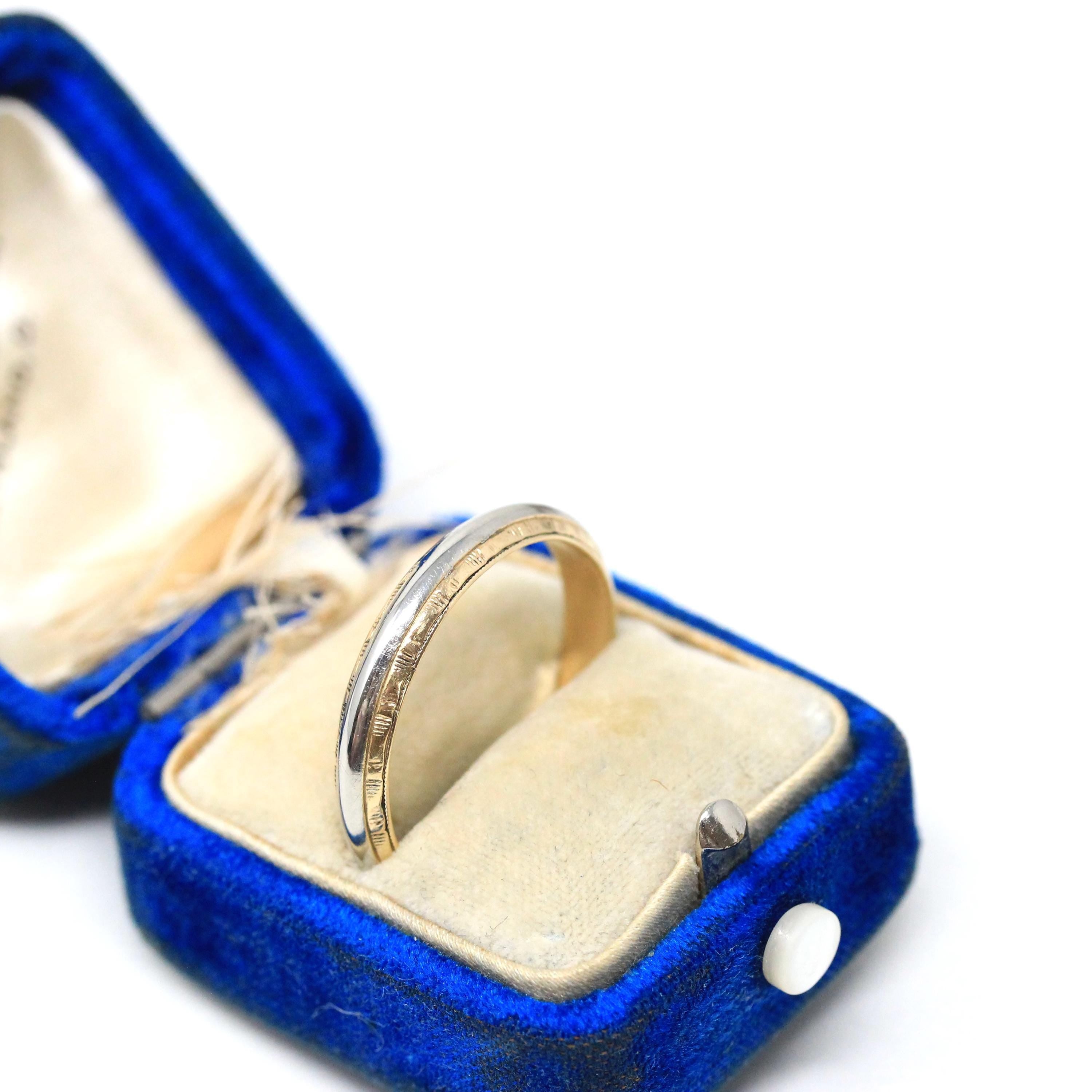 Vintage Wedding Band - Mid Century Era 14k Yellow & White Gold Unisex Two Tone Ring - Circa 1950s Retro Size 12 Men's Unisex Fine Jewelry