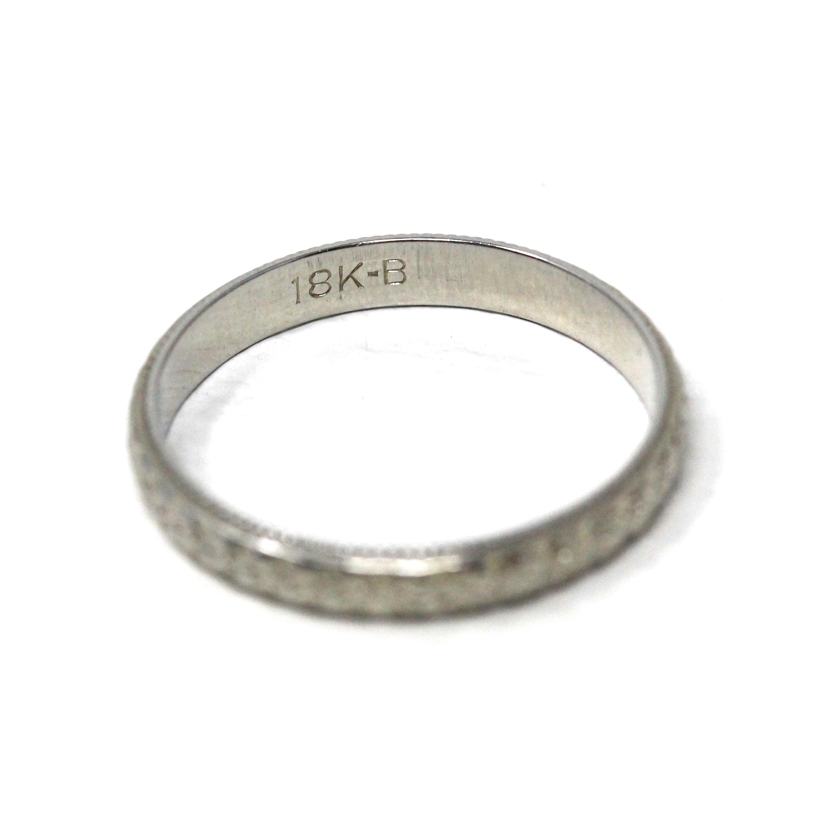 Floral Wedding Band - Art Deco 18k White Gold Flower Eternity Ring - Vintage Circa 1930s Era Size 7 Bridal Unisex Engraved Fine 30s Jewelry