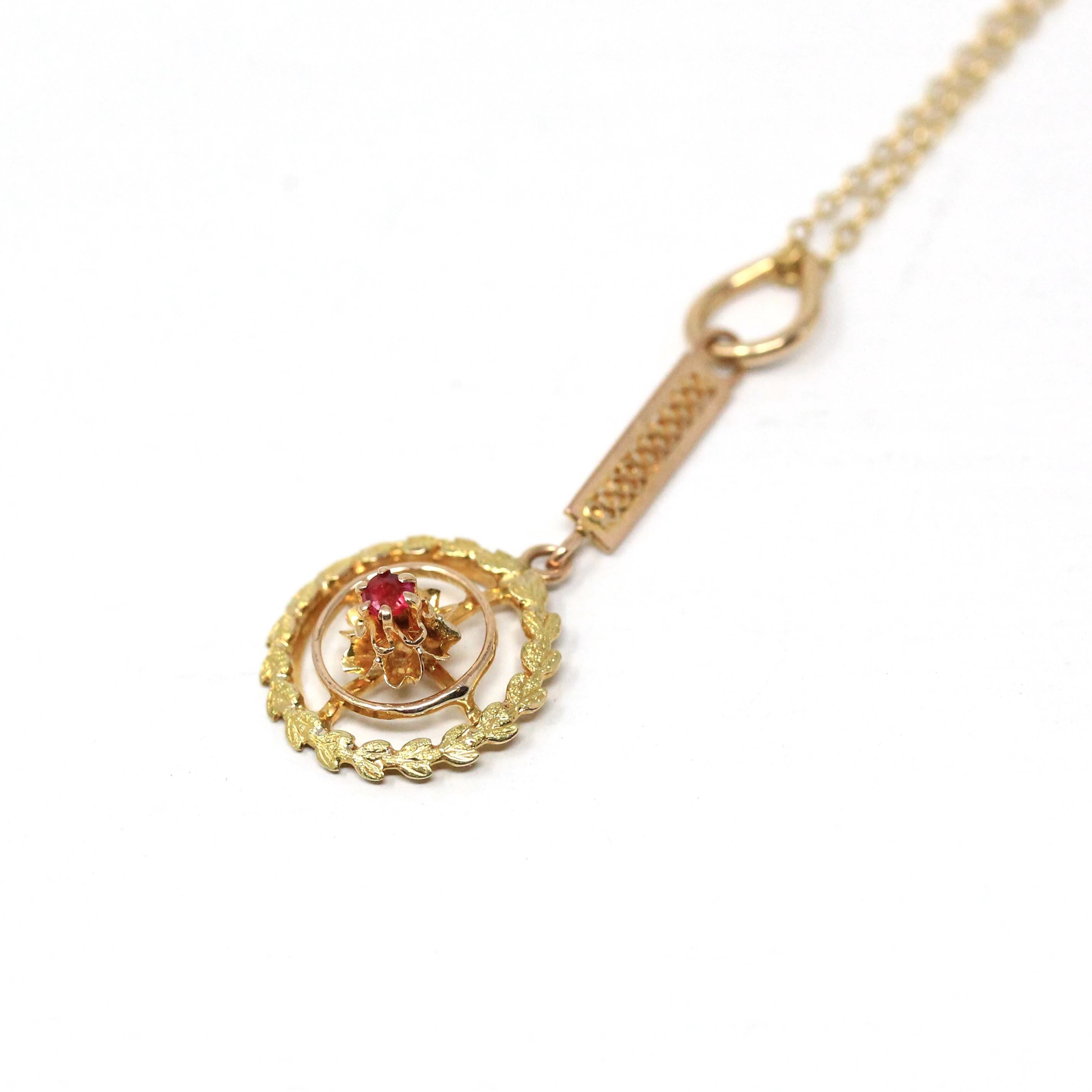 Antique Lavalier Necklace - Edwardian 10k Yellow Gold Garnet Glass Doublet Pendant Charm - Vintage Circa 1910s Era Wreath Leaf Fine Jewelry