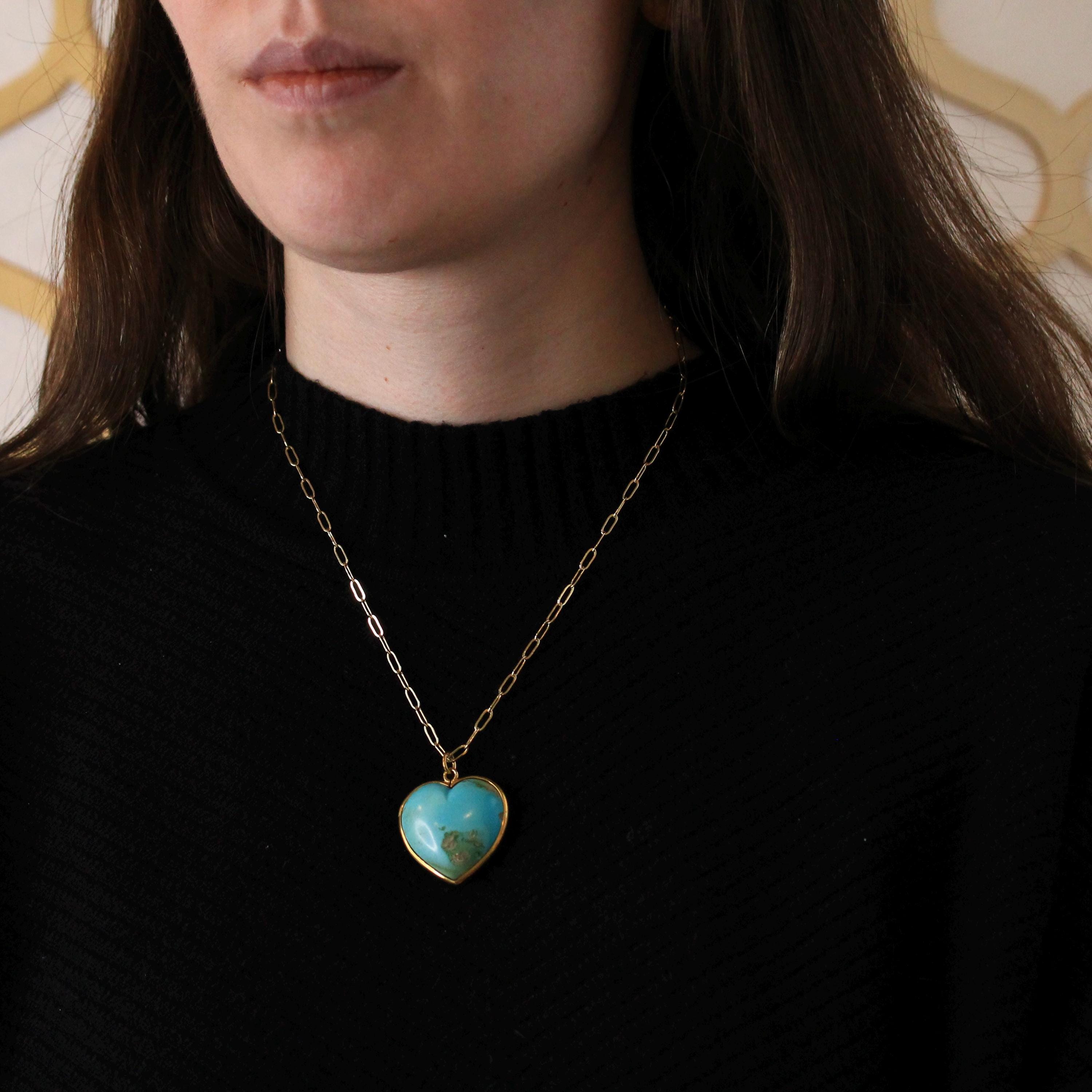 Turquoise Heart Necklace - Antique Edwardian 18k Yellow Gold Large Blue Statement Charm Pendant - Vintage Circa 1910s Era Love Fine Jewelry