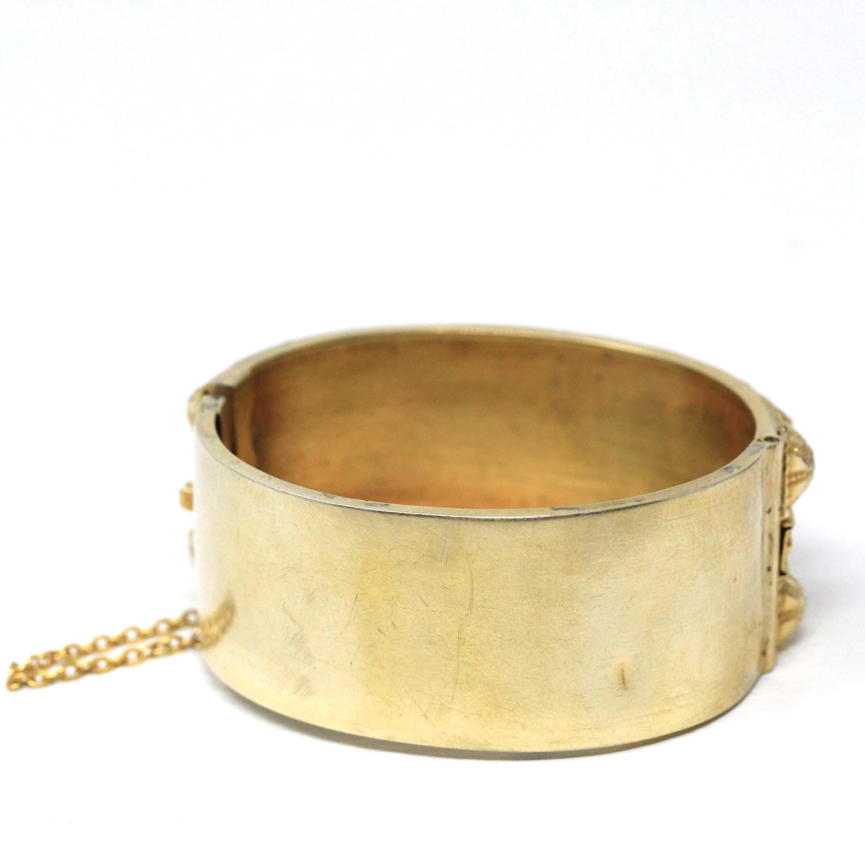 Antique Victorian Bangle - Vintage Silver Gilt Gold Studded Design Bracelet - Circa 1880s Era Gold Plated Wide Statement Late 1800s Jewelry