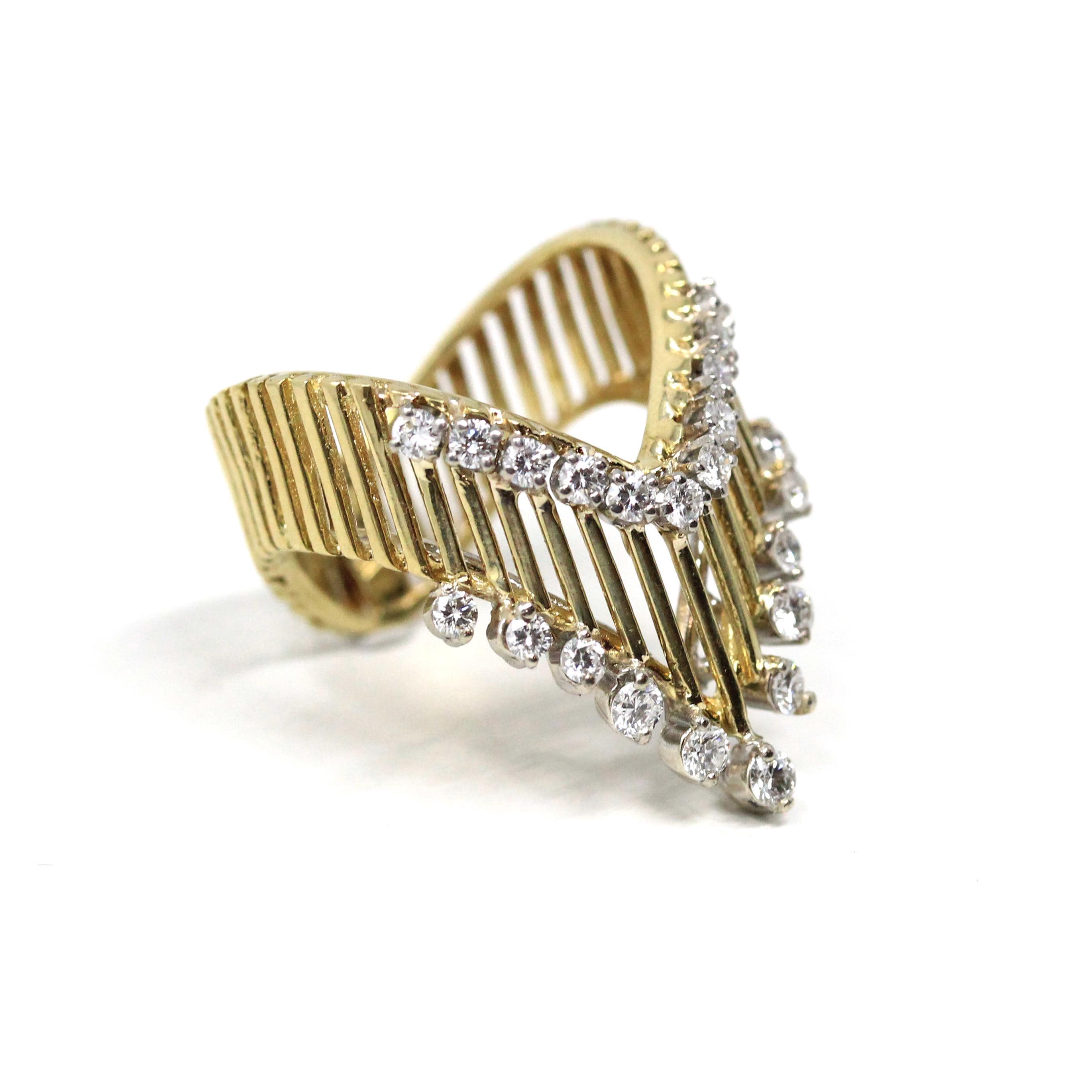 Retro Chevron Ring- Vintage 18k Yellow & White Gold Natural Diamonds V Shaped Band - Circa 1970s Size 6 Open Metal Fine Statement Jewelry