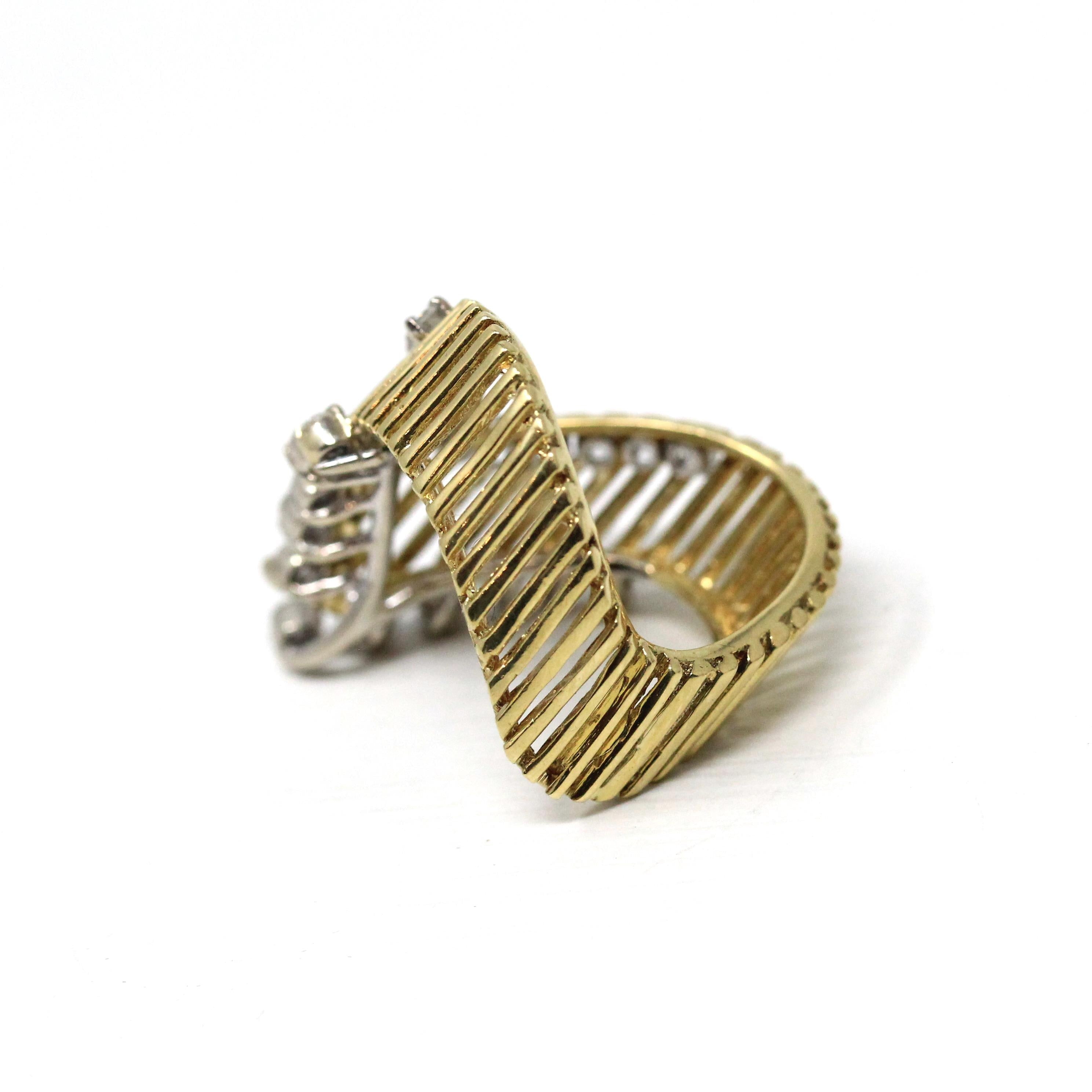 Retro Chevron Ring- Vintage 18k Yellow & White Gold Natural Diamonds V Shaped Band - Circa 1970s Size 6 Open Metal Fine Statement Jewelry