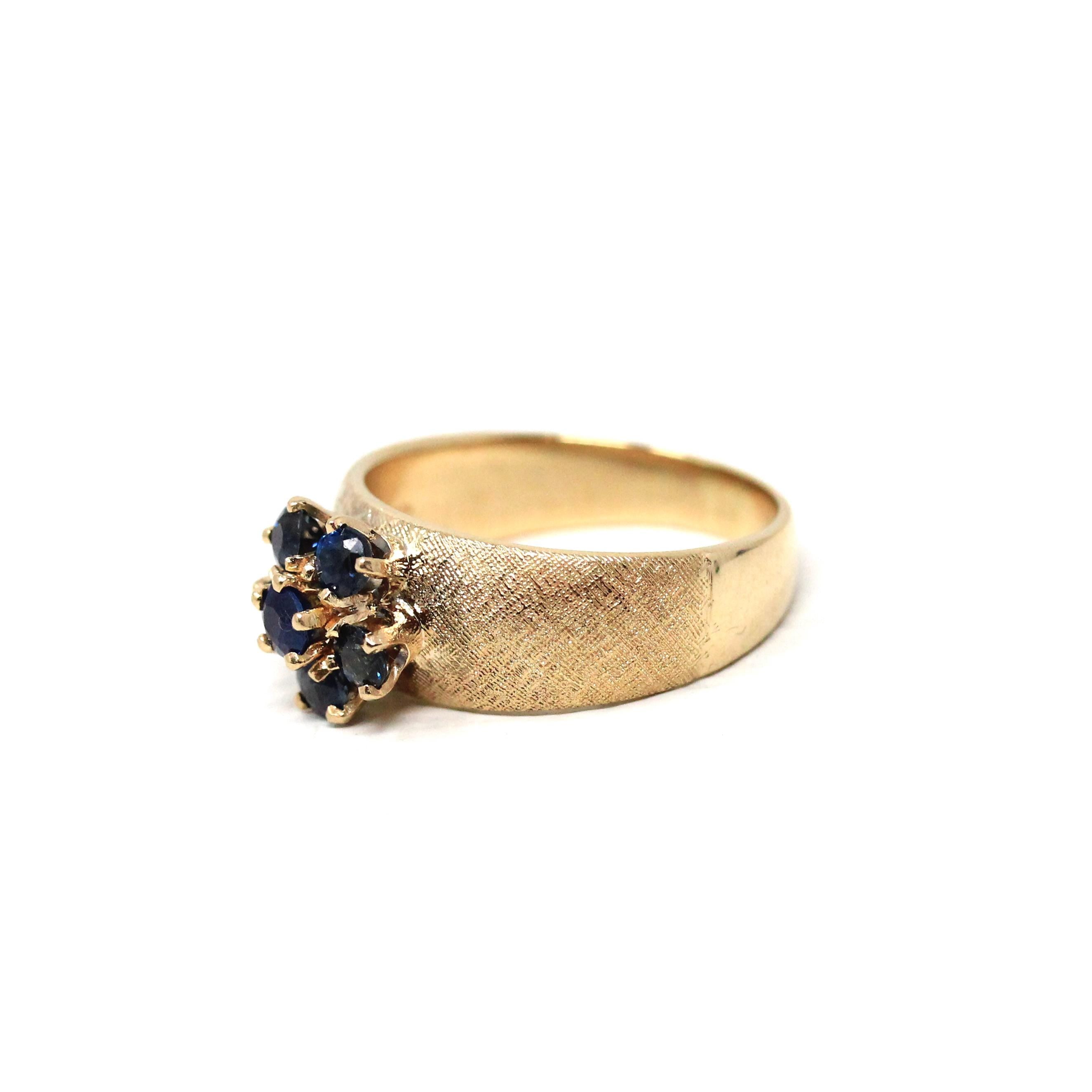 Sapphire Cluster Ring - Estate 14k Yellow Gold Natural Blue Gemstones - Modern Circa 1980s Era Size 6 3/4 Wide Band Fine 80s Flower Jewelry