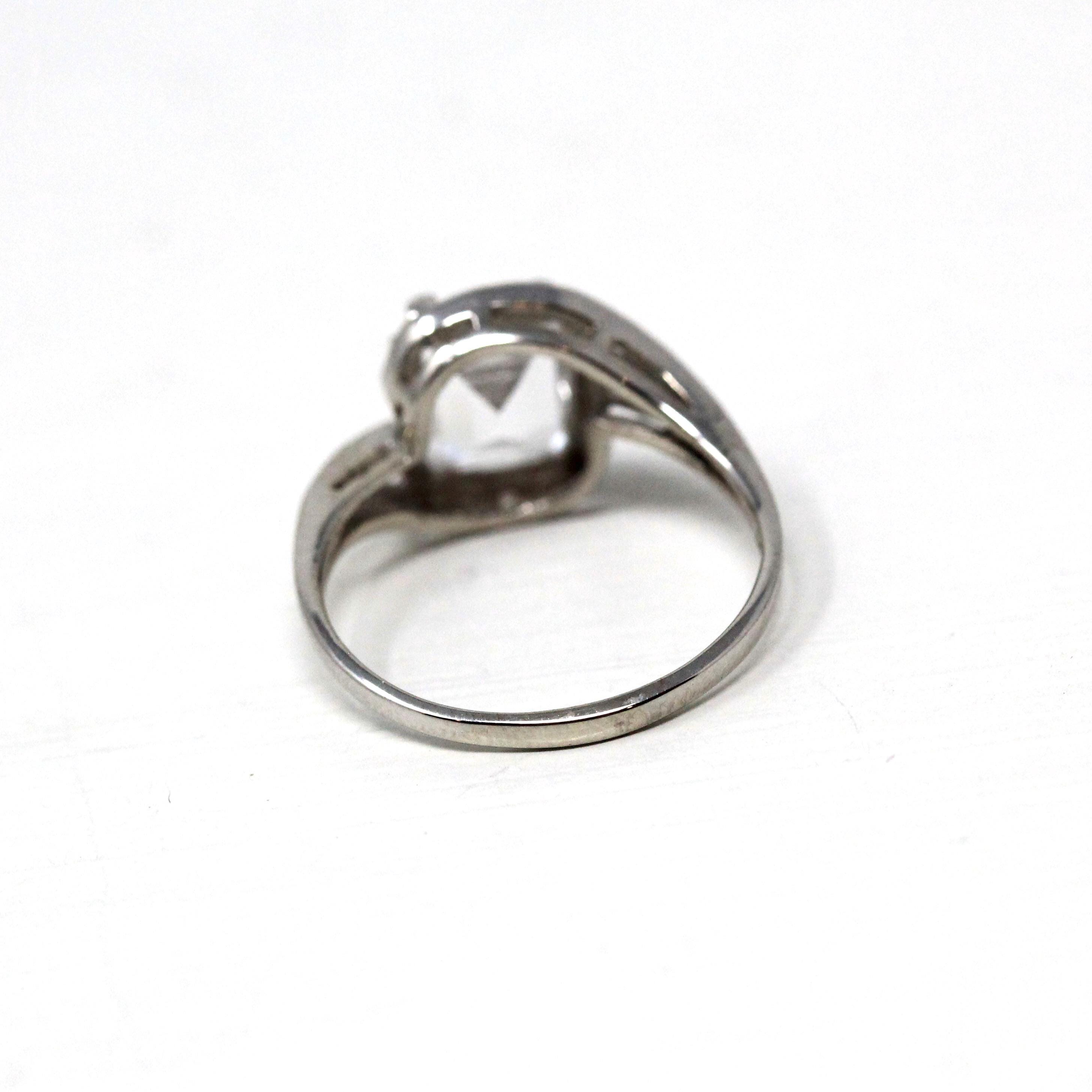 Retro Created Spinel Ring - Vintage 10k White Gold Rectangular Step Cut White Bypass Gem - Circa 1960s Size 6 Engagement Style Fine Jewelry