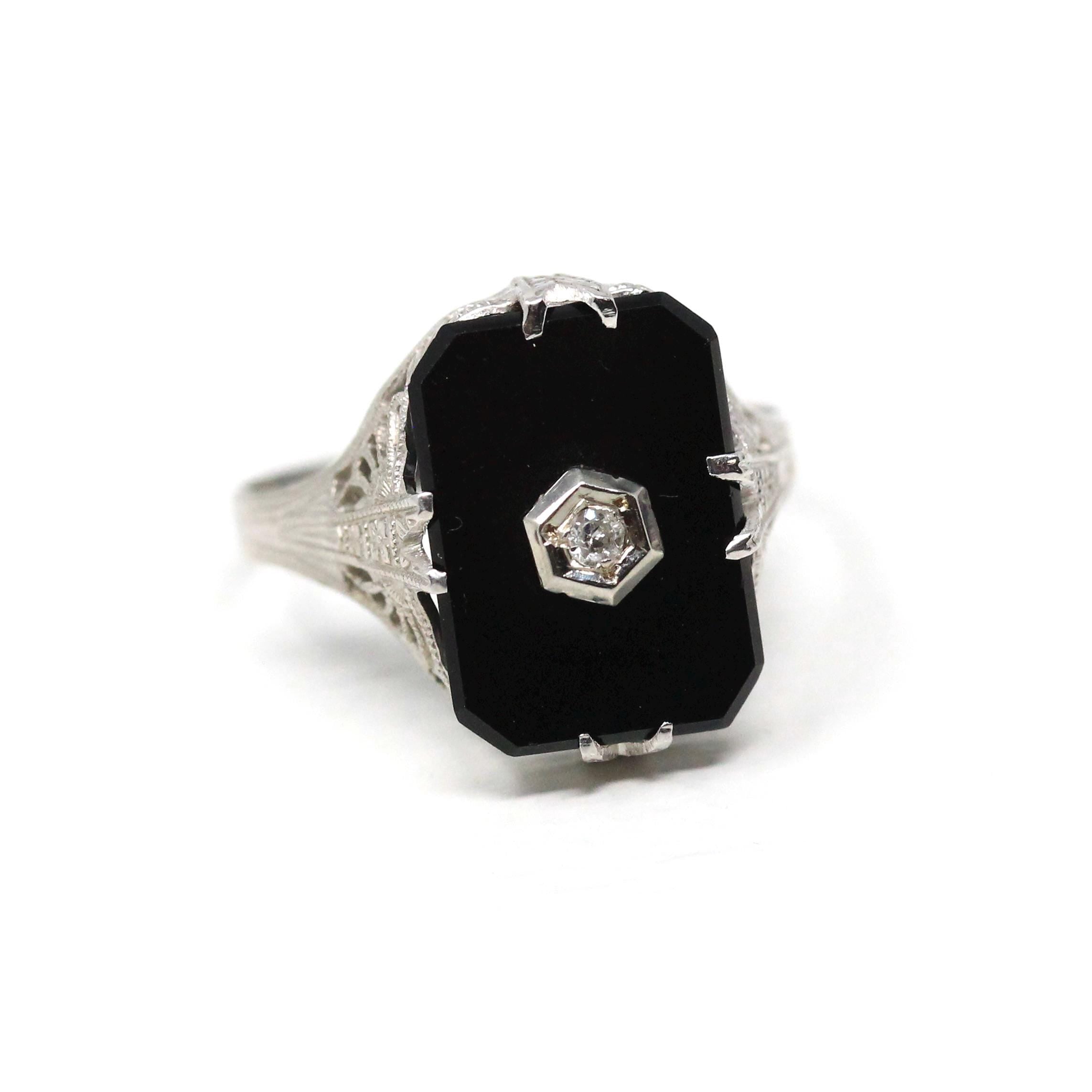 Onyx Filigree Ring - Art Deco Era 14k White Gold Natural .02 CT Diamond Accent - Vintage Circa 1930s Size 7 1/2 Black Chalcedony Jewelry