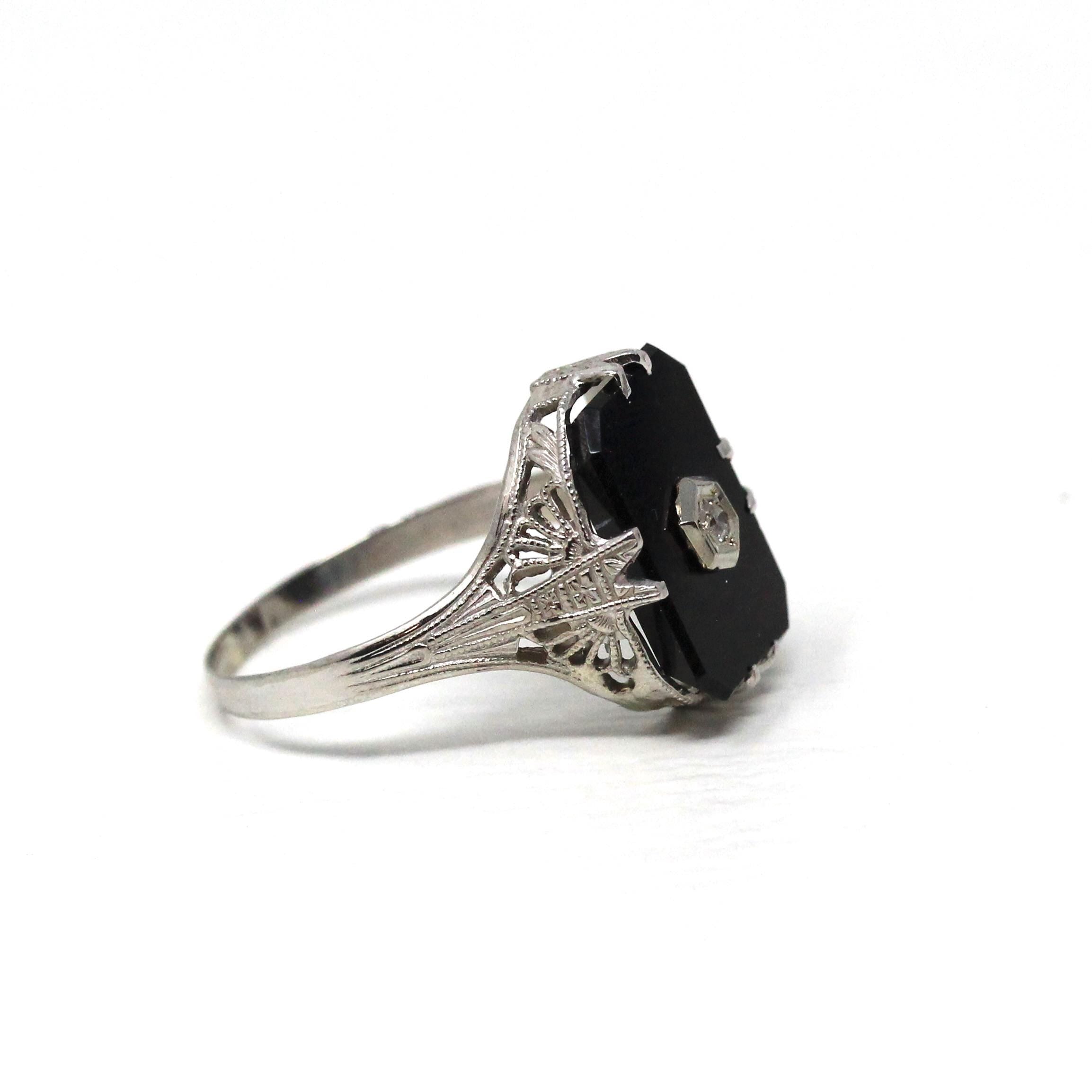 Onyx Filigree Ring - Art Deco Era 14k White Gold Natural .02 CT Diamond Accent - Vintage Circa 1930s Size 7 1/2 Black Chalcedony Jewelry