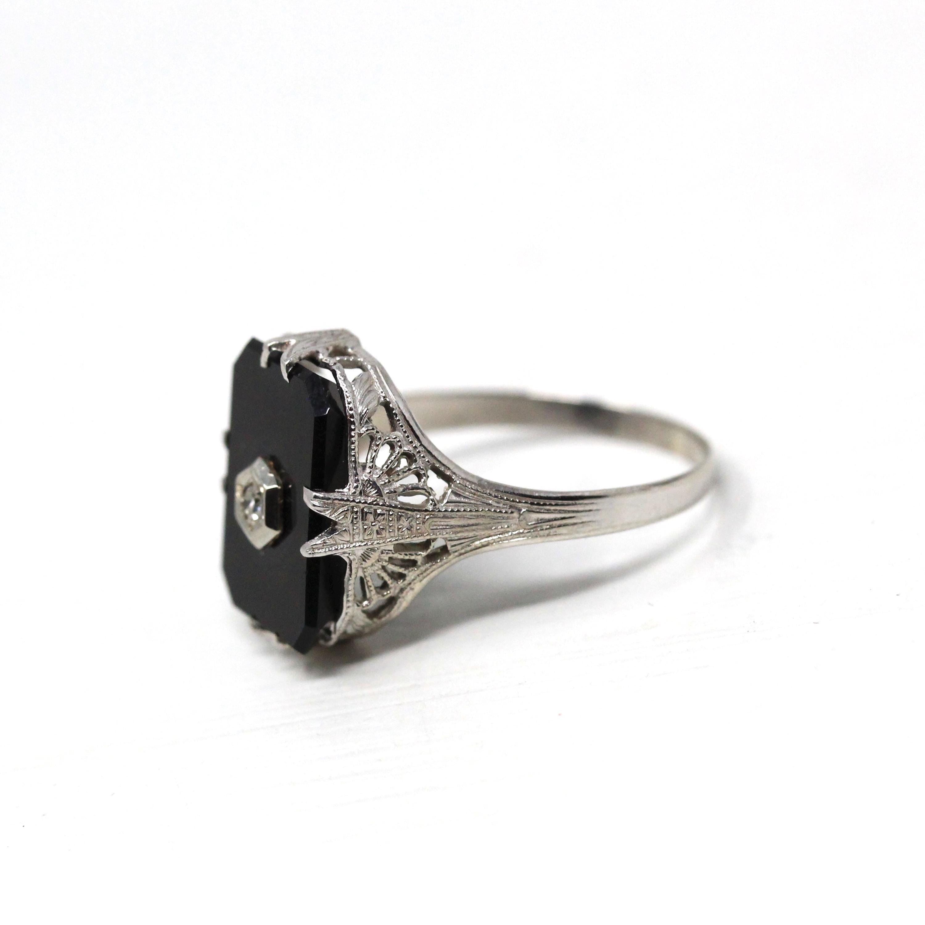 Onyx Filigree Ring - Art Deco Era 14k White Gold Natural .02 CT Diamond Accent - Vintage Circa 1930s Size 7 1/2 Black Chalcedony Jewelry