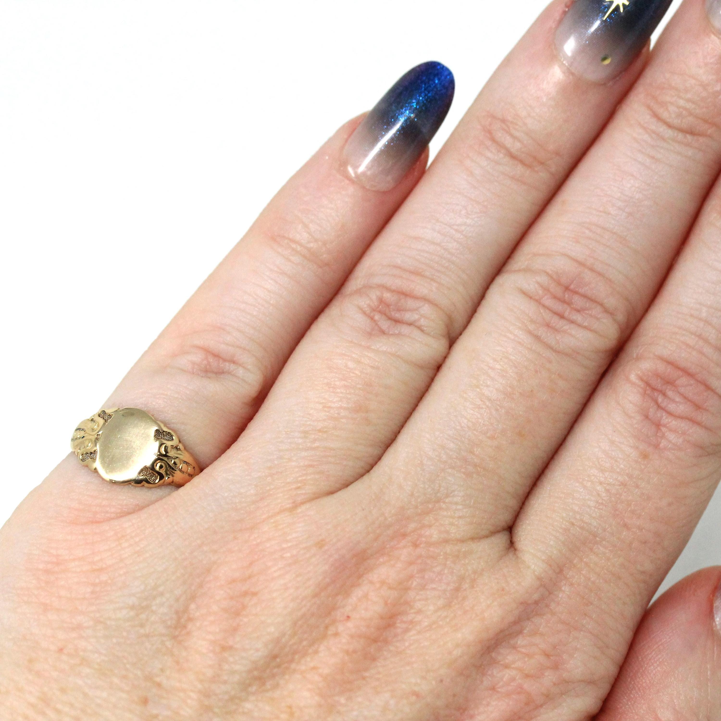 Antique Signet Ring - Edwardian 14k Yellow Gold Engraved Monogram Letters Initials Band - Circa 1910s Era Size 3 1/2 J.R. Wood Fine Jewelry