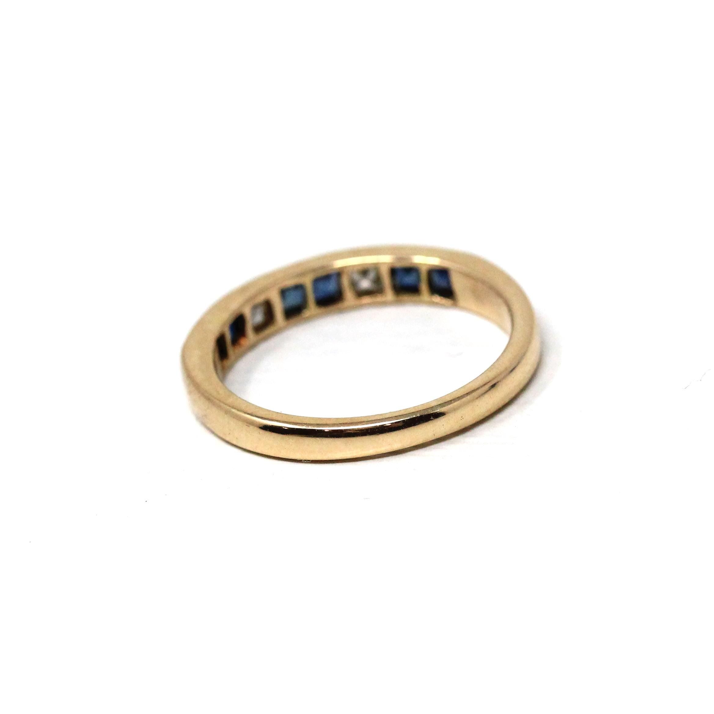 Sapphire & Diamond Ring - Estate 14k Yellow Gold Blue And White Gemstone Channel Band - Estate 1990s Size 5 3/4 Fine Calibre Wedding Jewelry