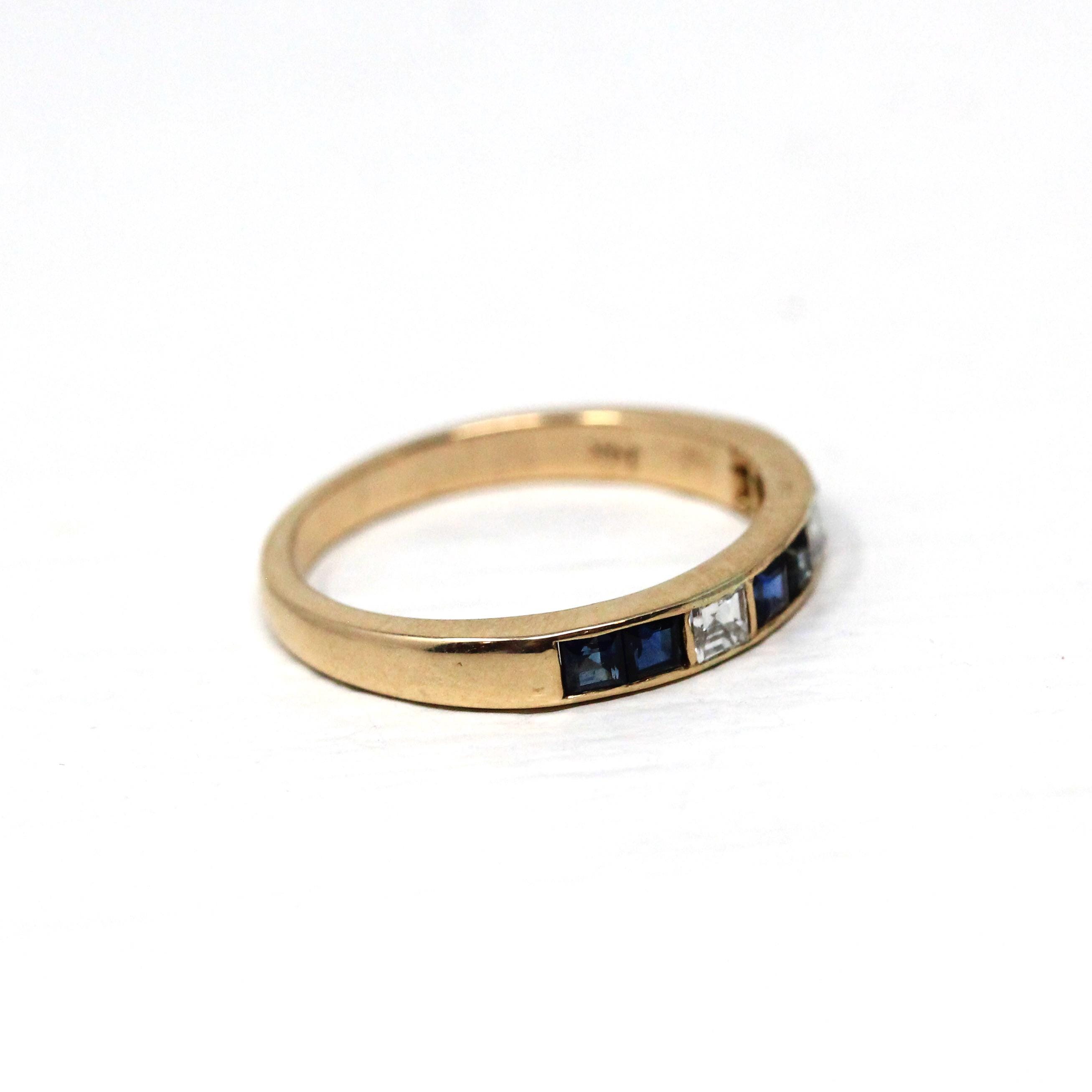 Sapphire & Diamond Ring - Estate 14k Yellow Gold Blue And White Gemstone Channel Band - Estate 1990s Size 5 3/4 Fine Calibre Wedding Jewelry