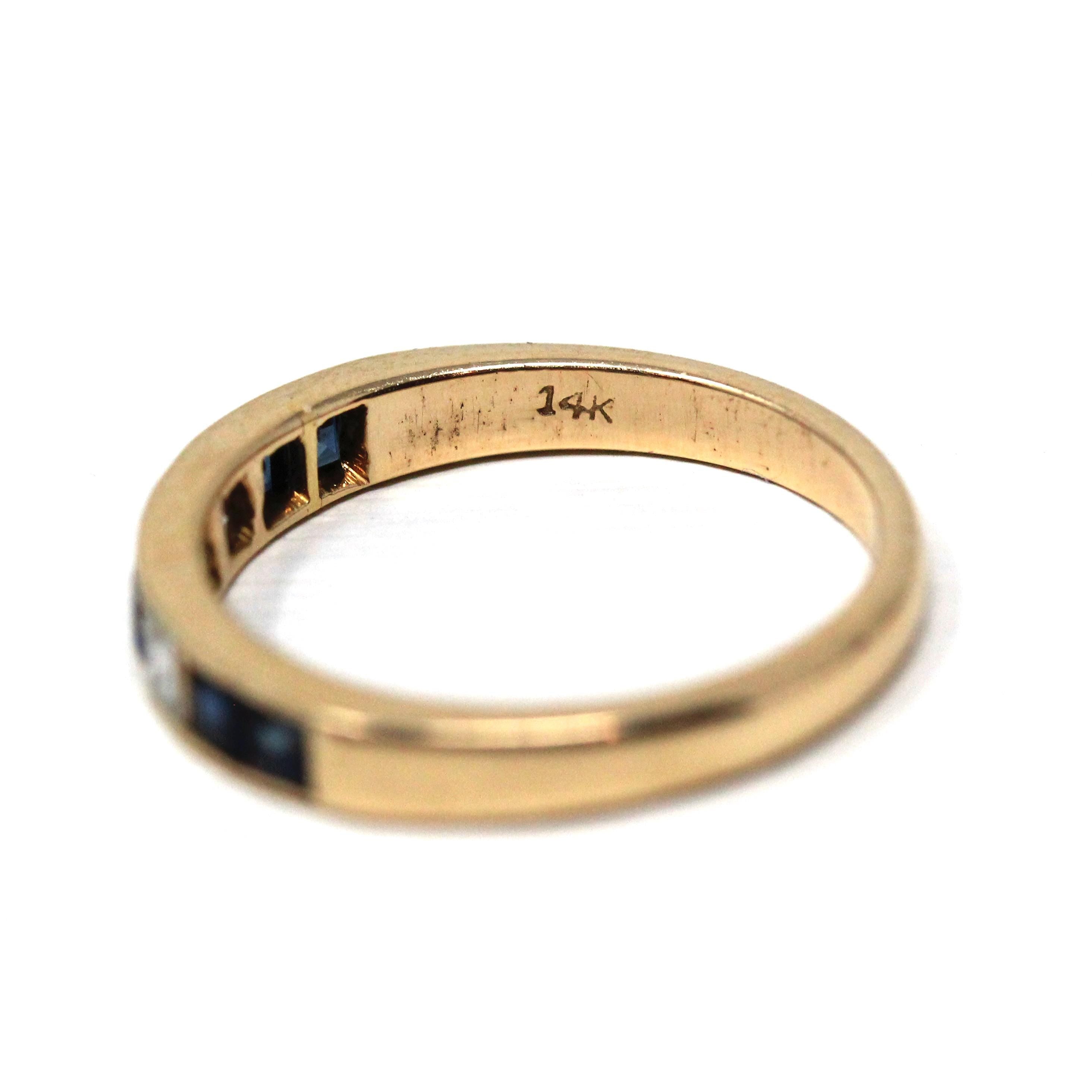 Sapphire & Diamond Ring - Estate 14k Yellow Gold Blue And White Gemstone Channel Band - Estate 1990s Size 5 3/4 Fine Calibre Wedding Jewelry