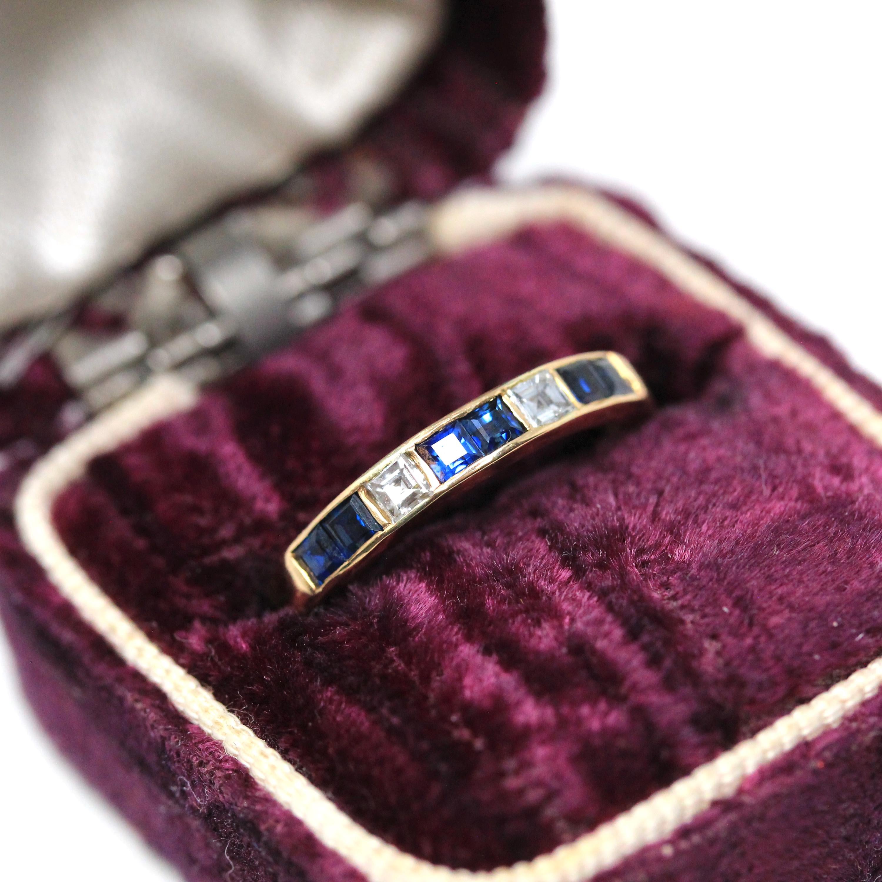 Sapphire & Diamond Ring - Estate 14k Yellow Gold Blue And White Gemstone Channel Band - Estate 1990s Size 5 3/4 Fine Calibre Wedding Jewelry