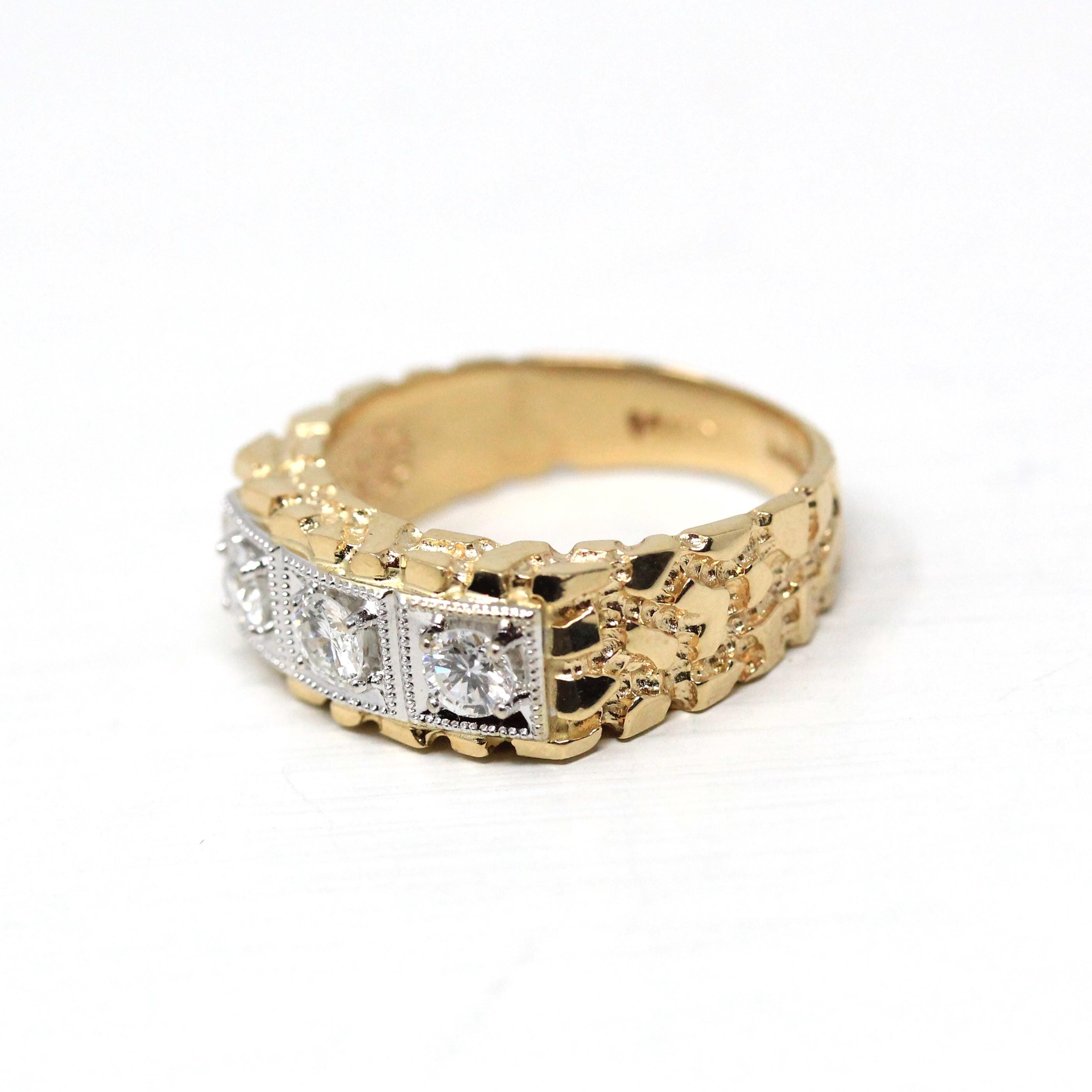 Vintage Nugget Ring - Estate 14k Yellow & White Gold .50 CTW Natural Diamond Band - Modern Size 7.5 Unisex Two Tone Textured Bridal Jewelry