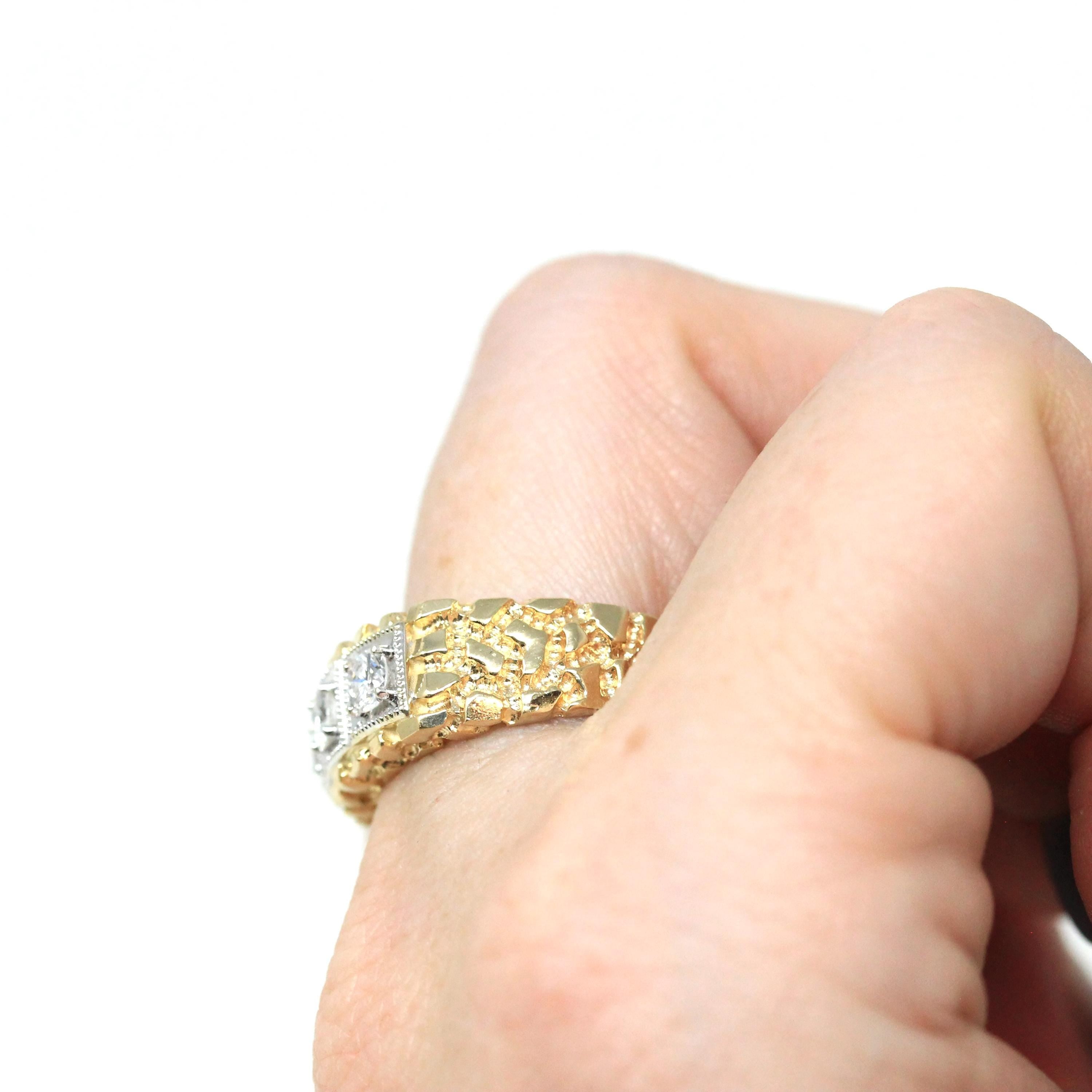 Vintage Nugget Ring - Estate 14k Yellow & White Gold .50 CTW Natural Diamond Band - Modern Size 7.5 Unisex Two Tone Textured Bridal Jewelry