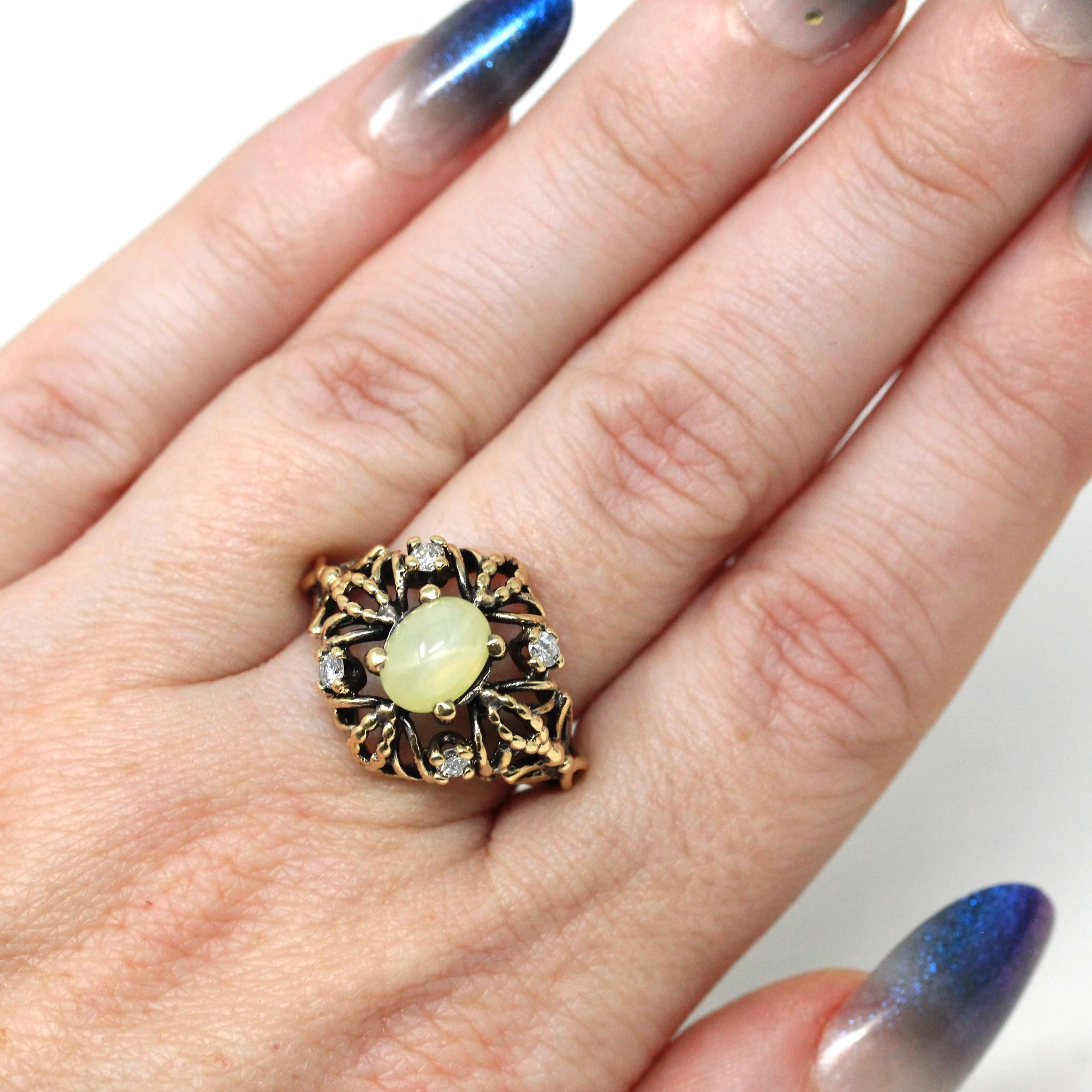 Linde Star Sapphire Ring - Retro 14k Yellow Gold & Natural Diamonds - Vintage Circa 1970s Era Size 6 3/4 Rope Filigree Floral Fine Jewelry