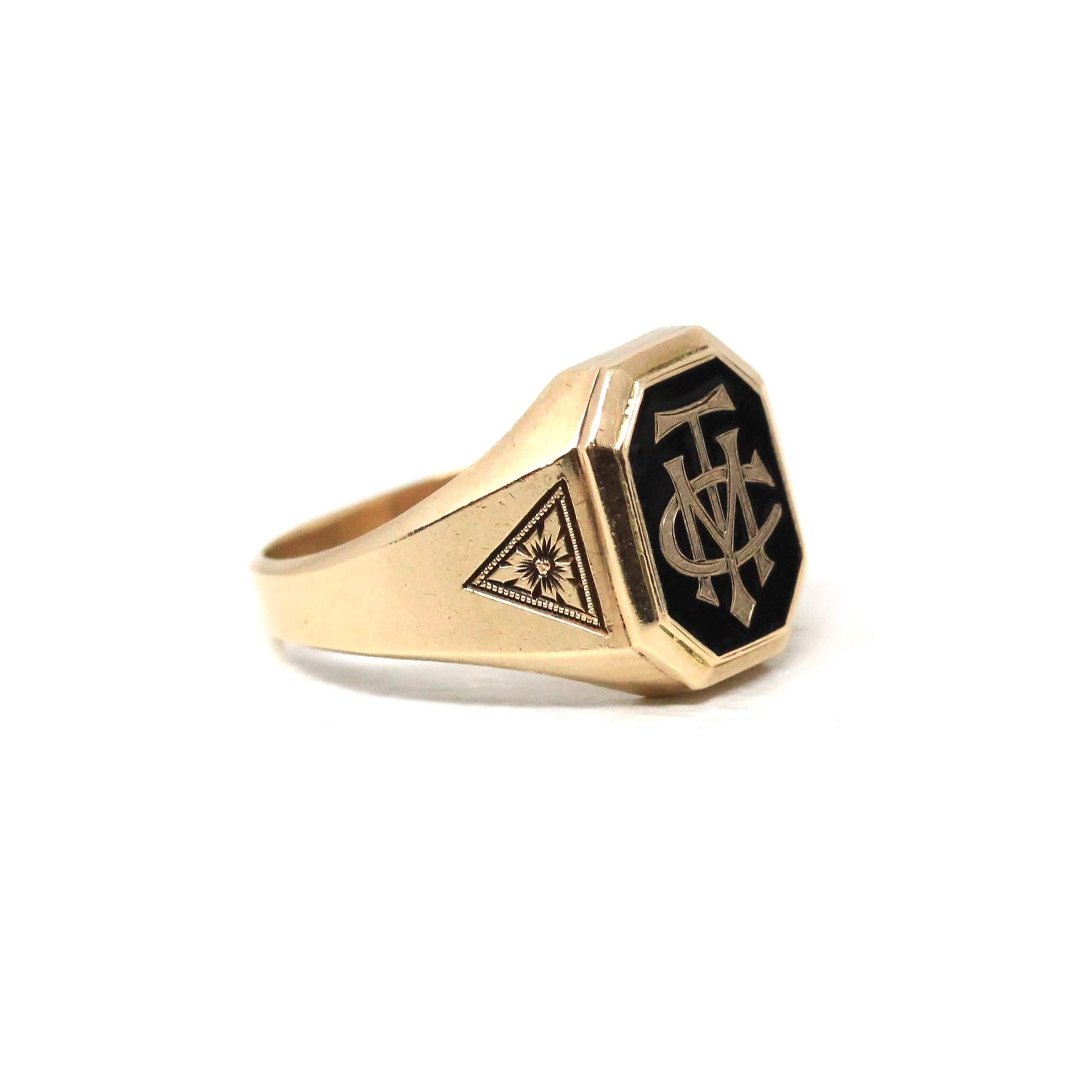 Art Deco Signet Ring - Antique 10k Yellow Gold Black Enamel Letters Statement - Vintage Dated 1926 Era Size 10 1/4 Men's Unisex Fine Jewelry