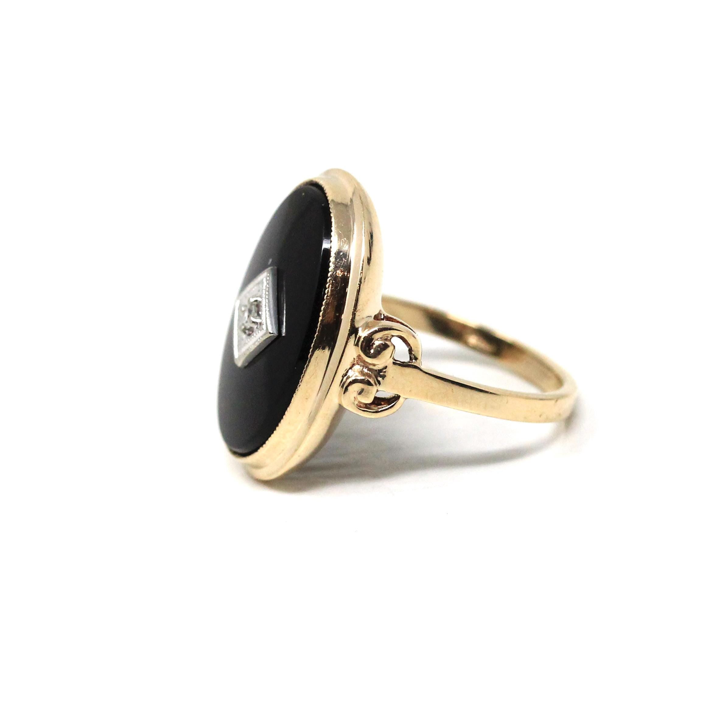 Retro Onyx Ring - Vintage 10k Yellow Gold Oval Black Chalcedony & Natural Diamond - Circa 1940s Era Size 6 Statement Two Tone Fine Jewelry
