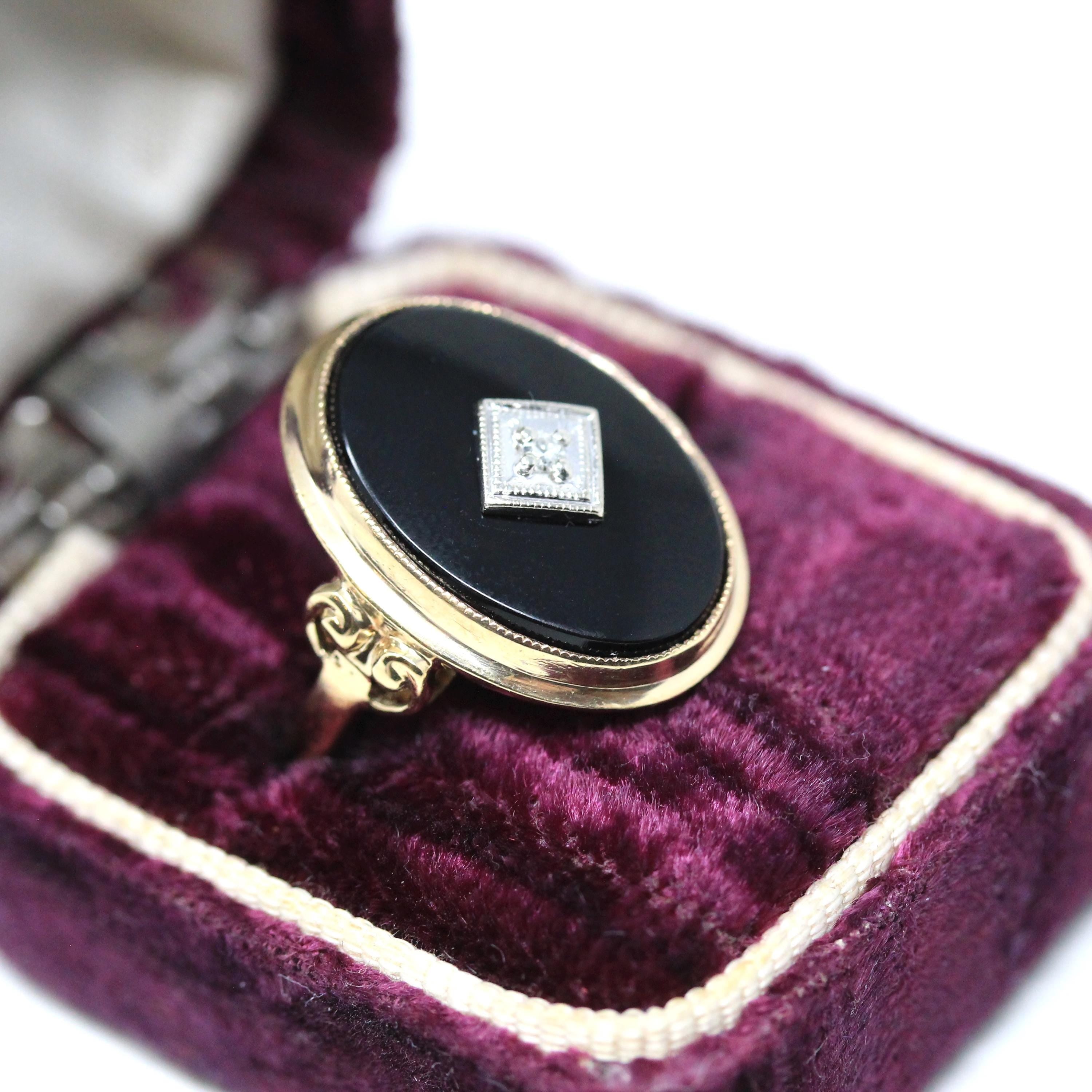 Retro Onyx Ring - Vintage 10k Yellow Gold Oval Black Chalcedony & Natural Diamond - Circa 1940s Era Size 6 Statement Two Tone Fine Jewelry