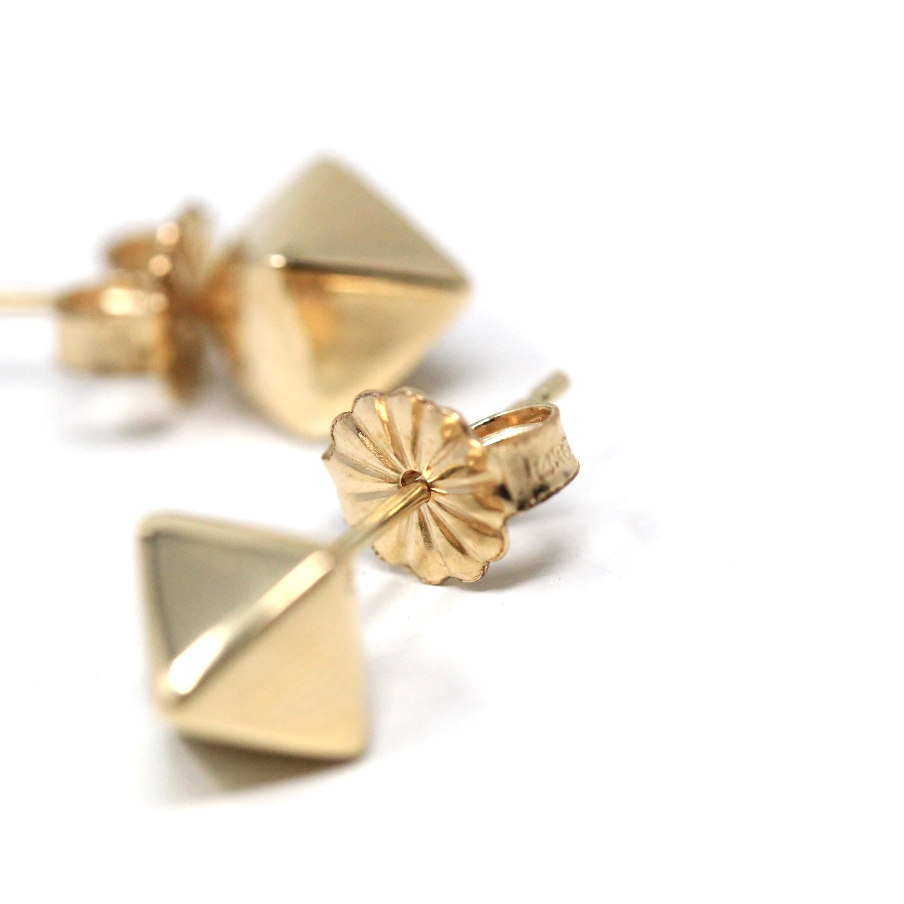 Estate Stud Earrings - Modern 10k Yellow Gold Square Pyramid Push Backs Pair - Circa 2000s Era Faceted Spike Fine Y2K Jewelry