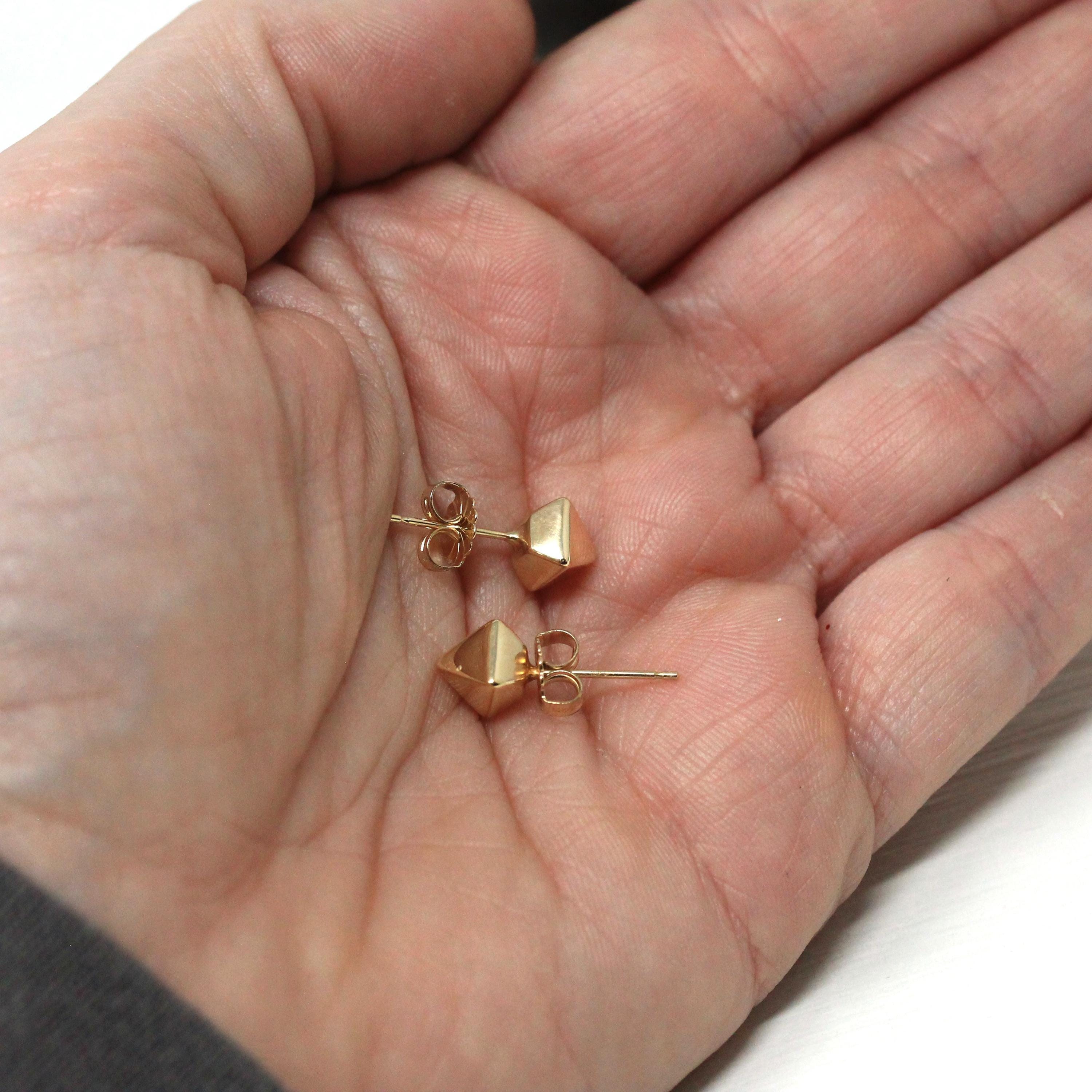 Estate Stud Earrings - Modern 10k Yellow Gold Square Pyramid Push Backs Pair - Circa 2000s Era Faceted Spike Fine Y2K Jewelry