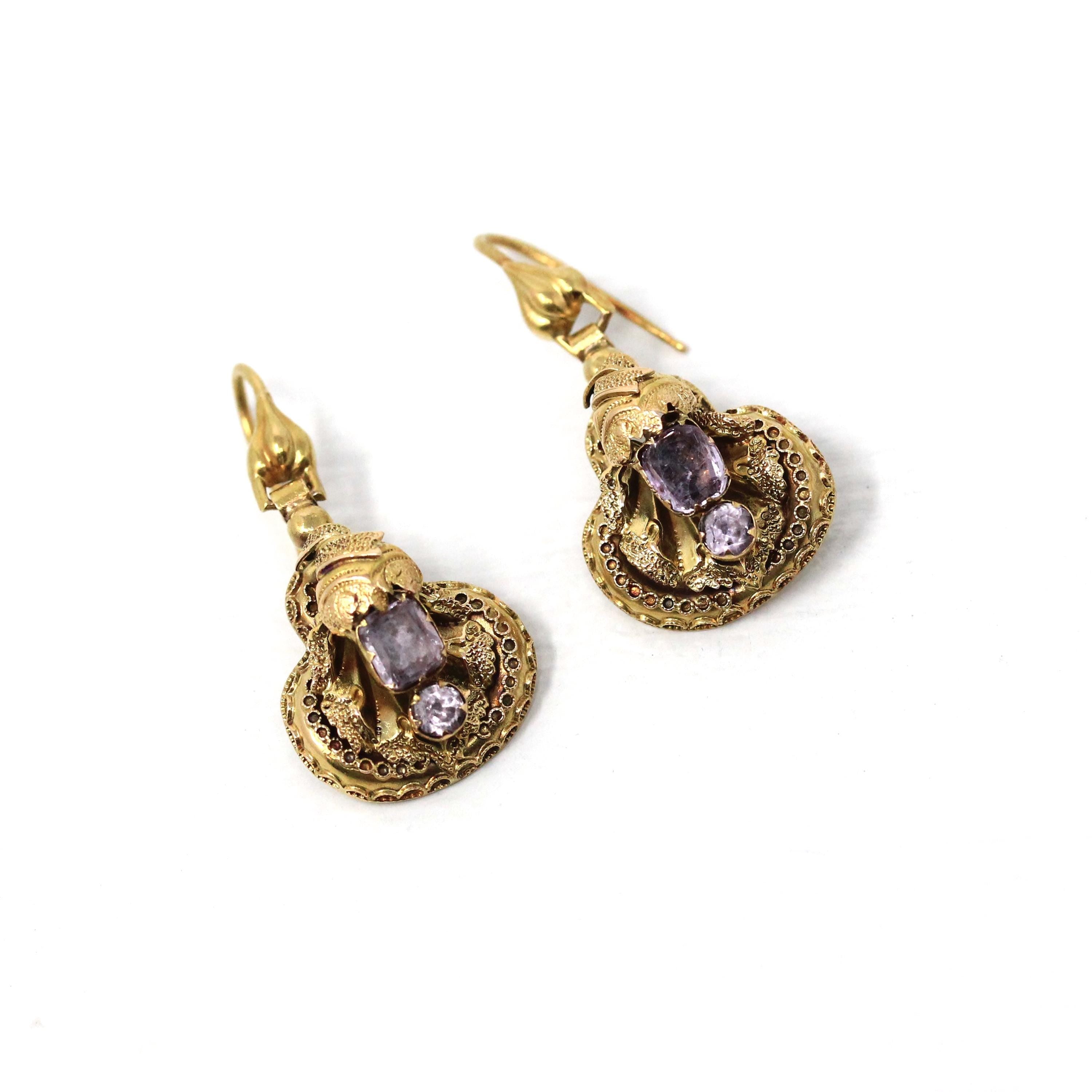 Victorian Cannetille Earrings - Antique 14k Rosy Yellow Gold Dangle Tourmaline Gemstones - Vintage Mid 1800s Era Fine Bridal Wedding Jewelry