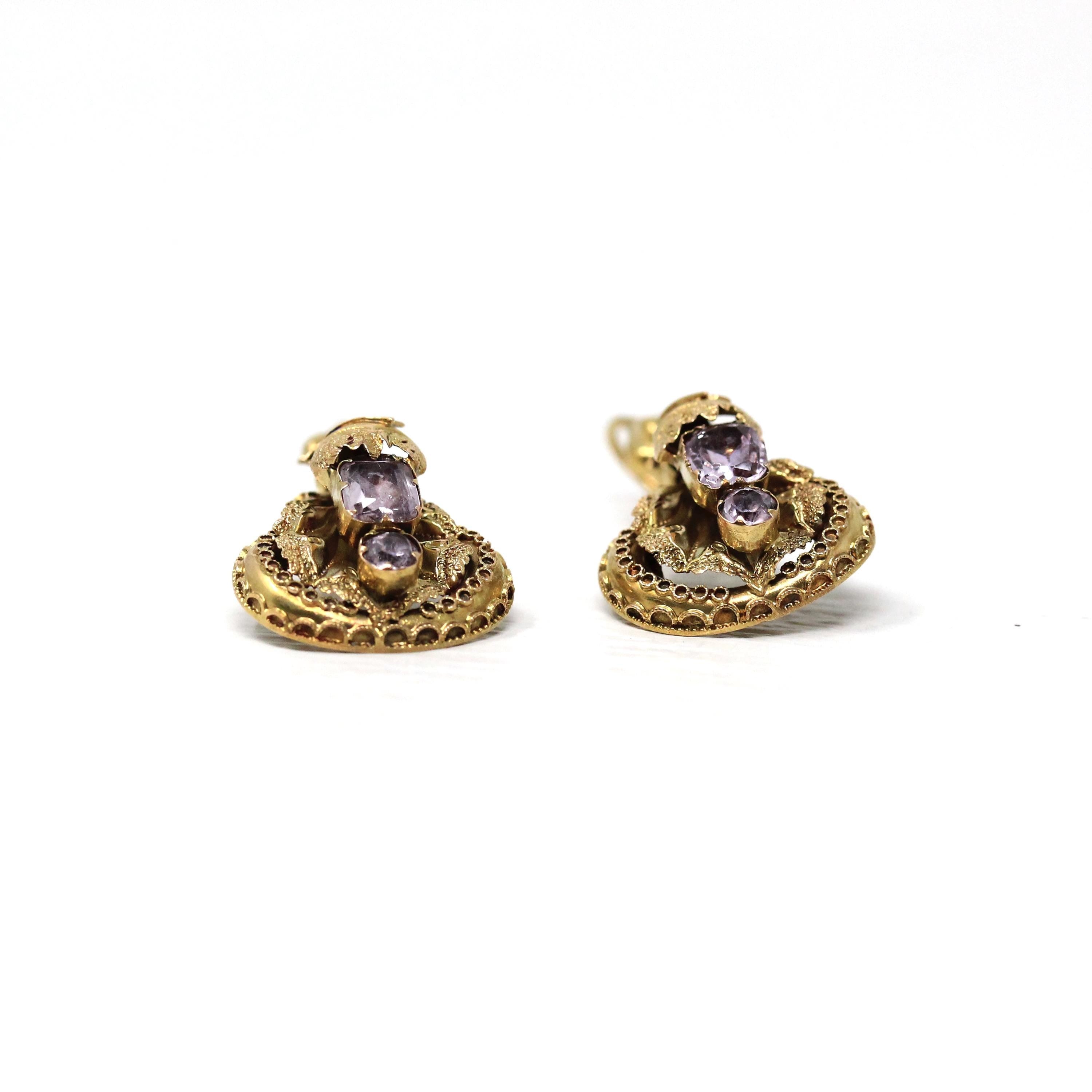 Victorian Cannetille Earrings - Antique 14k Rosy Yellow Gold Dangle Tourmaline Gemstones - Vintage Mid 1800s Era Fine Bridal Wedding Jewelry