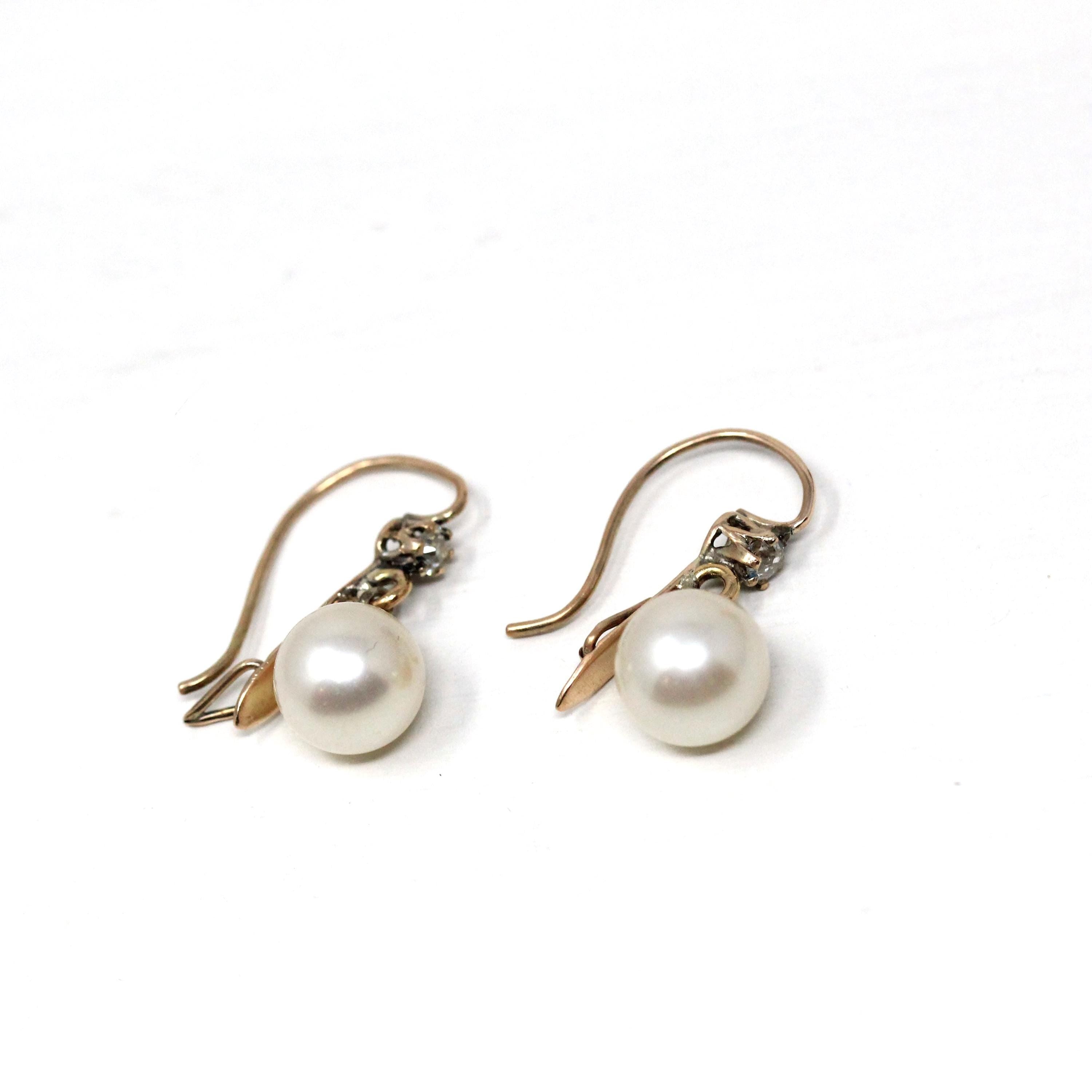 Victorian Drop Earrings - Antique 10k Yellow Gold Dangle Cultured Pearls & Natural Diamonds - Circa 1890s Era Fine Bridal Wedding Jewelry
