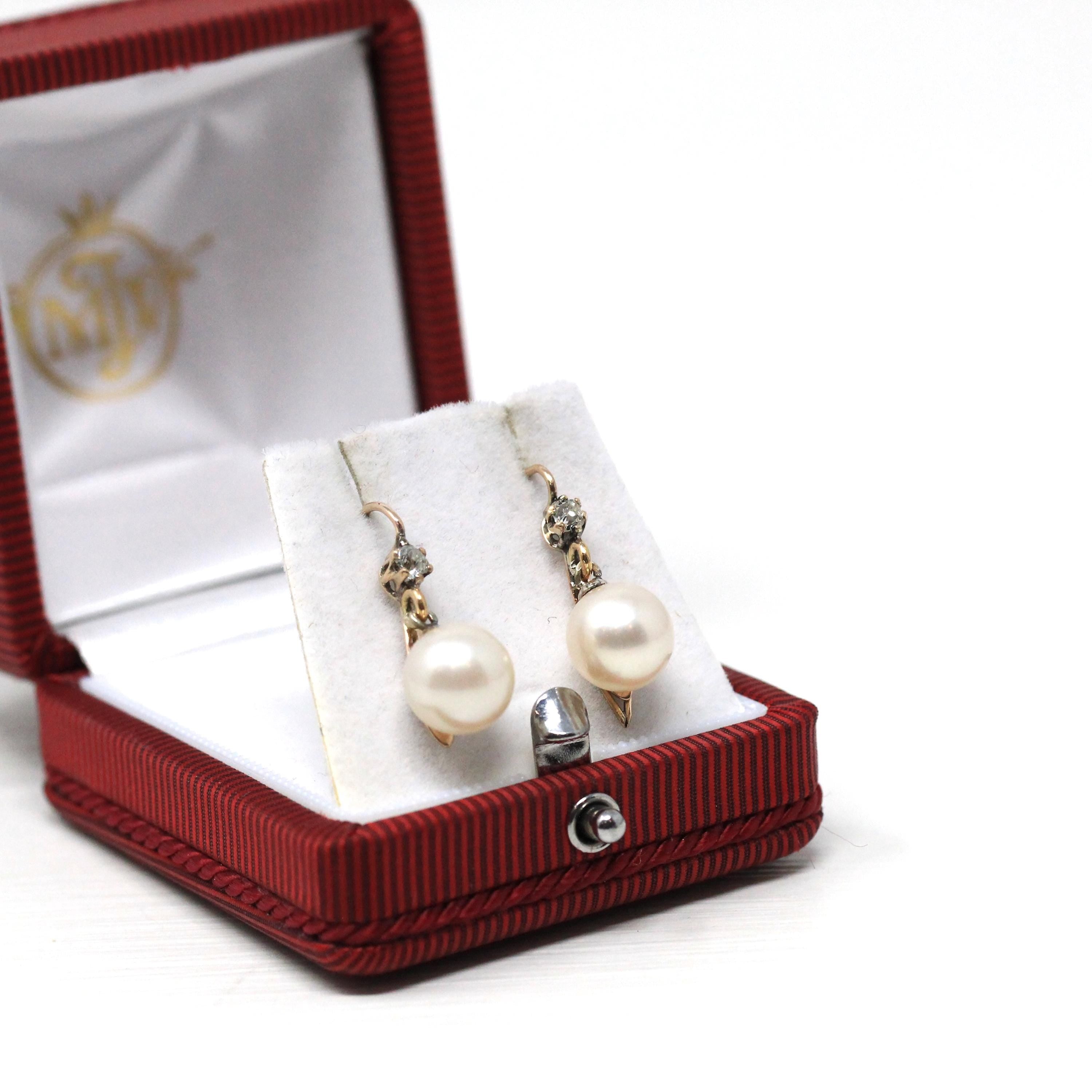 Victorian Drop Earrings - Antique 10k Yellow Gold Dangle Cultured Pearls & Natural Diamonds - Circa 1890s Era Fine Bridal Wedding Jewelry