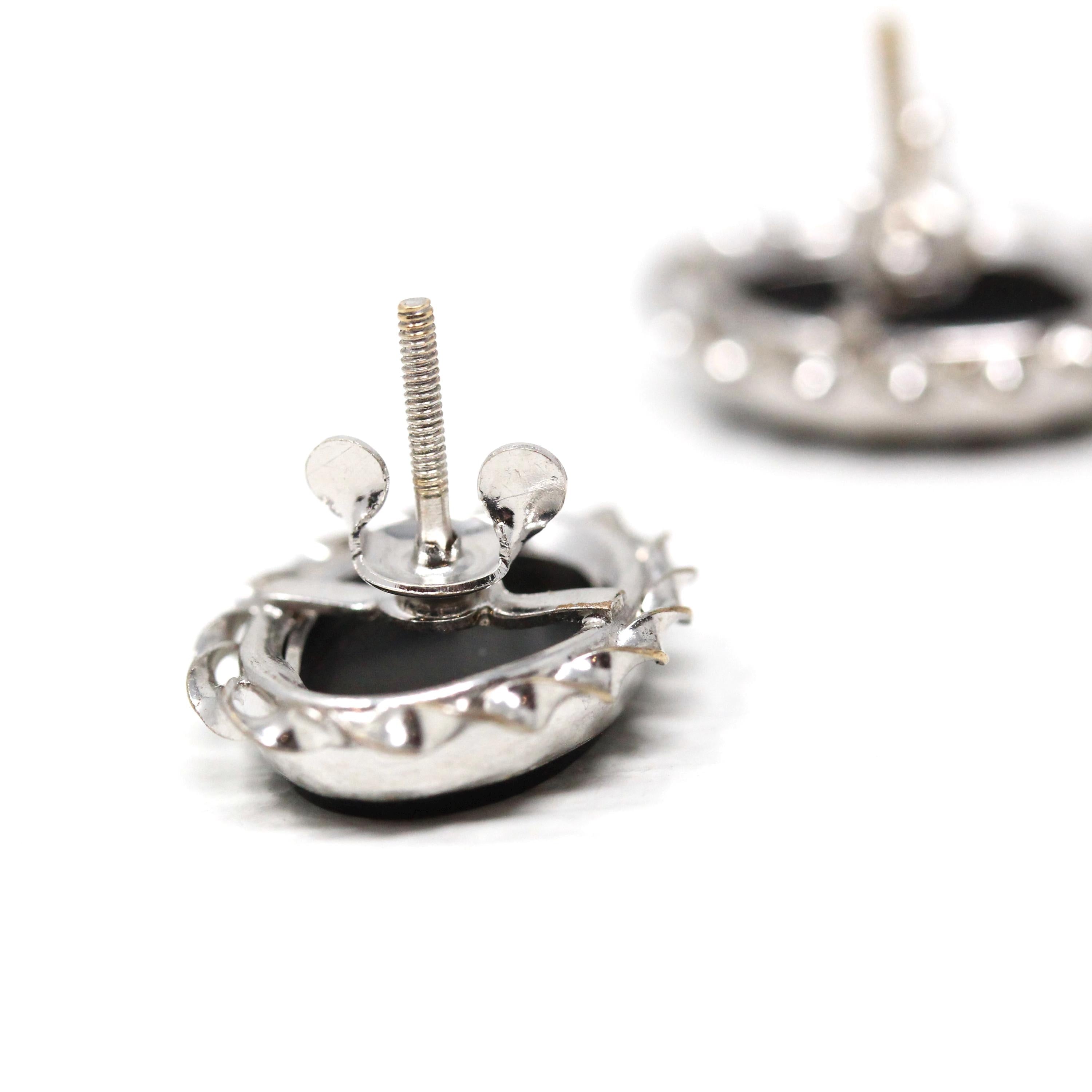 Simulated Onyx Earrings - Retro 10k White Gold & Base Metal Oval Black Glass Stones - 1960s Era Statement Fashion Accessory Fine Jewelry