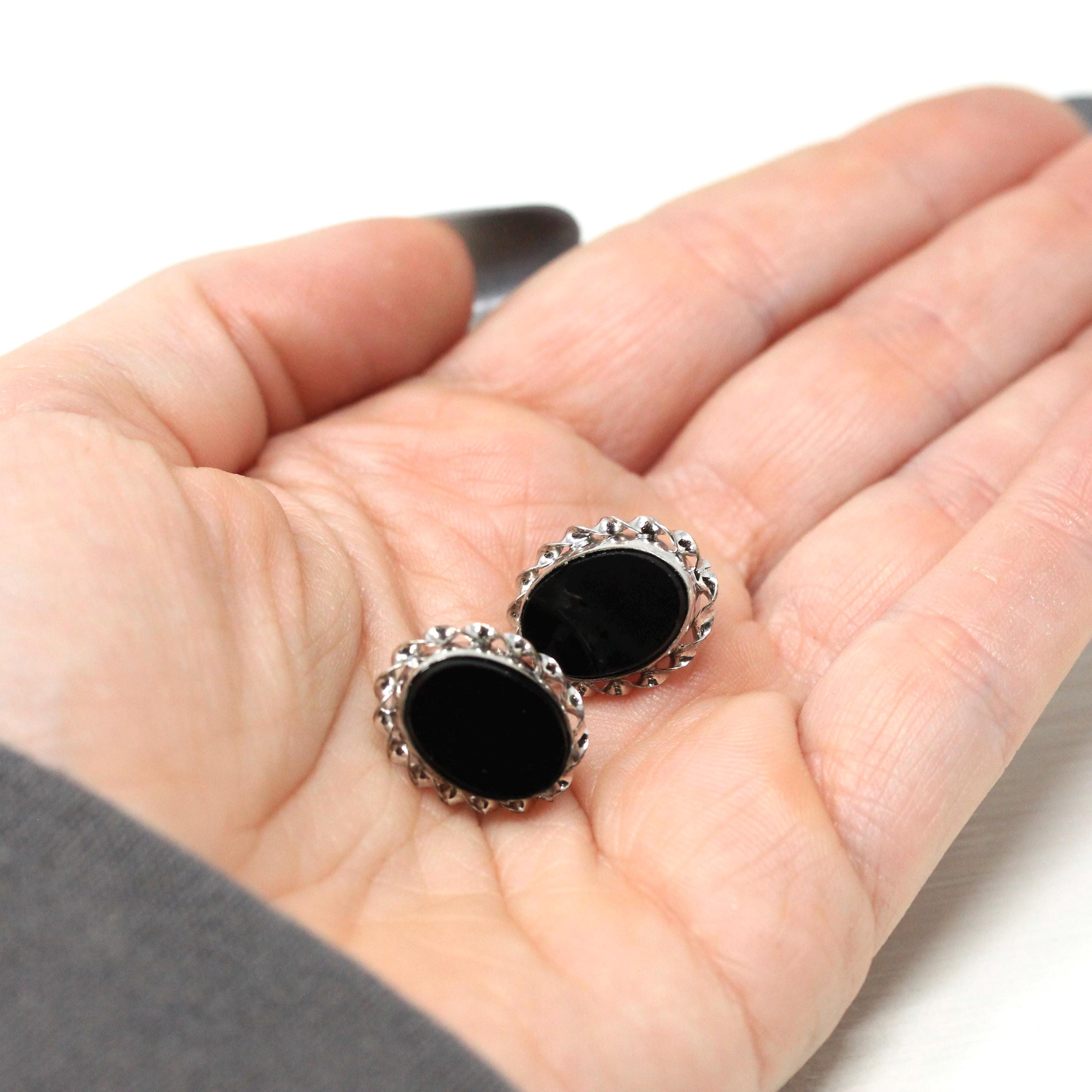 Simulated Onyx Earrings - Retro 10k White Gold & Base Metal Oval Black Glass Stones - 1960s Era Statement Fashion Accessory Fine Jewelry