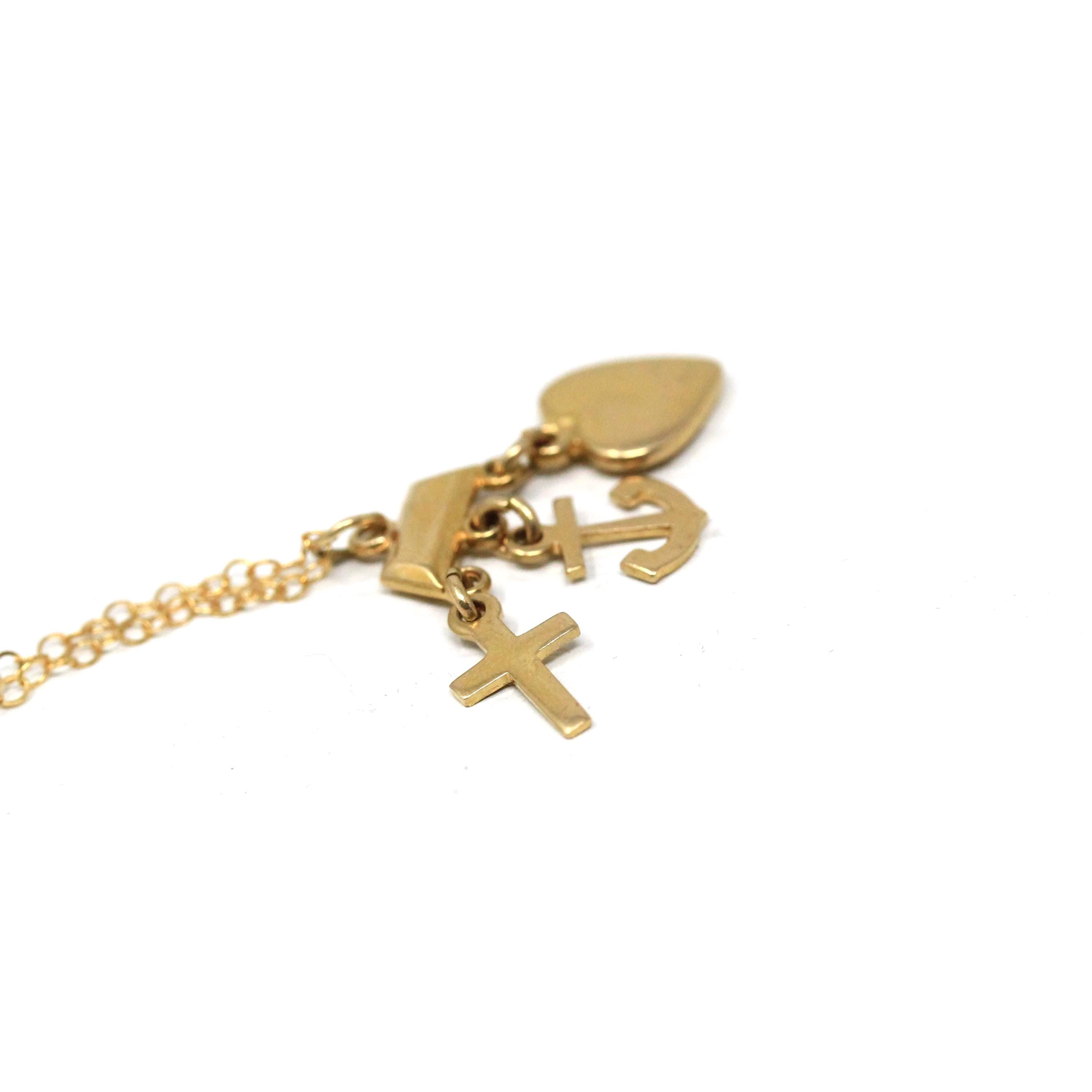 Vintage Charm Necklace - Retro 14k Yellow Gold Cross Anchor Heart Pendants - Circa 1970s Era Faith Hope Charity Religious 70s Fine Jewelry