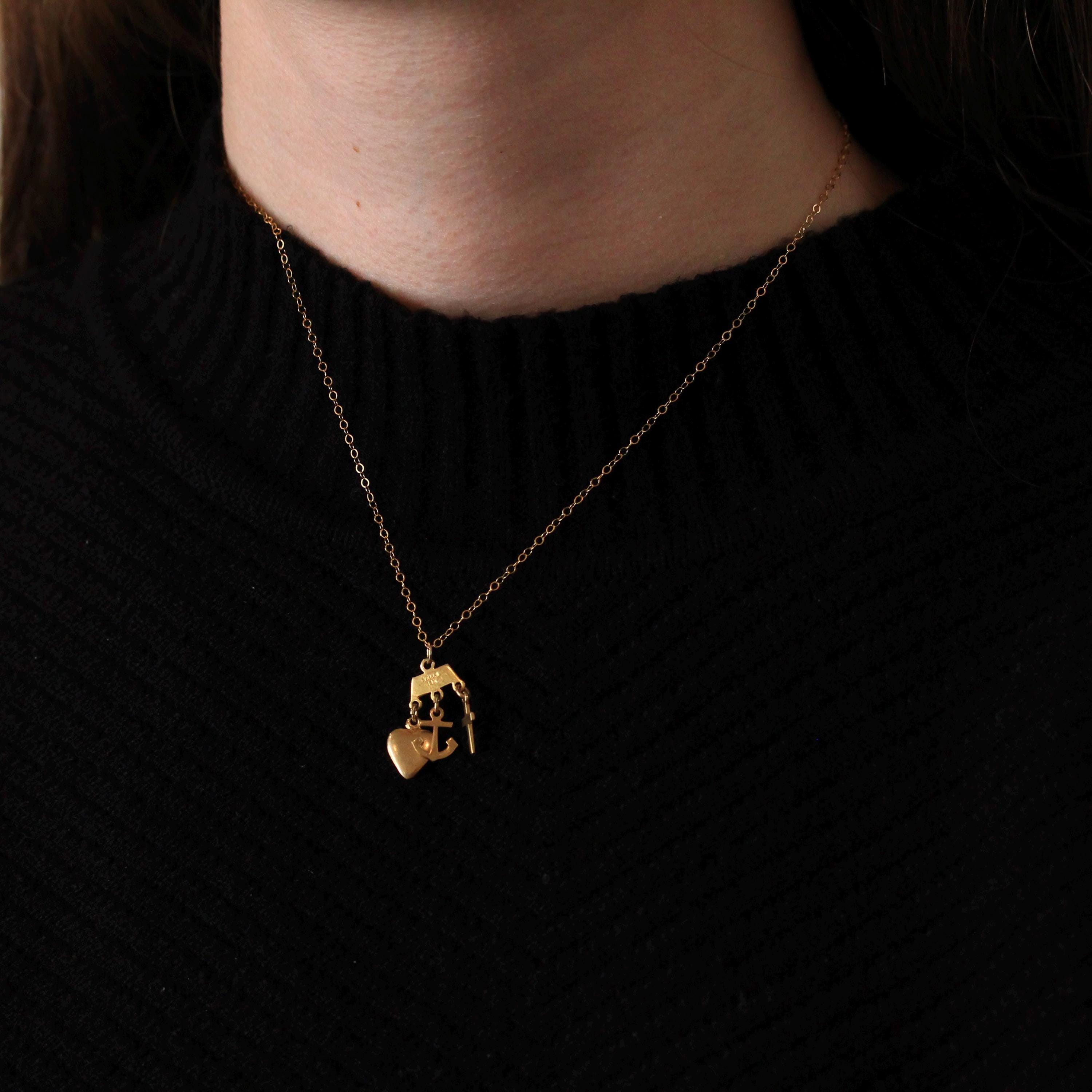 Vintage Charm Necklace - Retro 14k Yellow Gold Cross Anchor Heart Pendants - Circa 1970s Era Faith Hope Charity Religious 70s Fine Jewelry