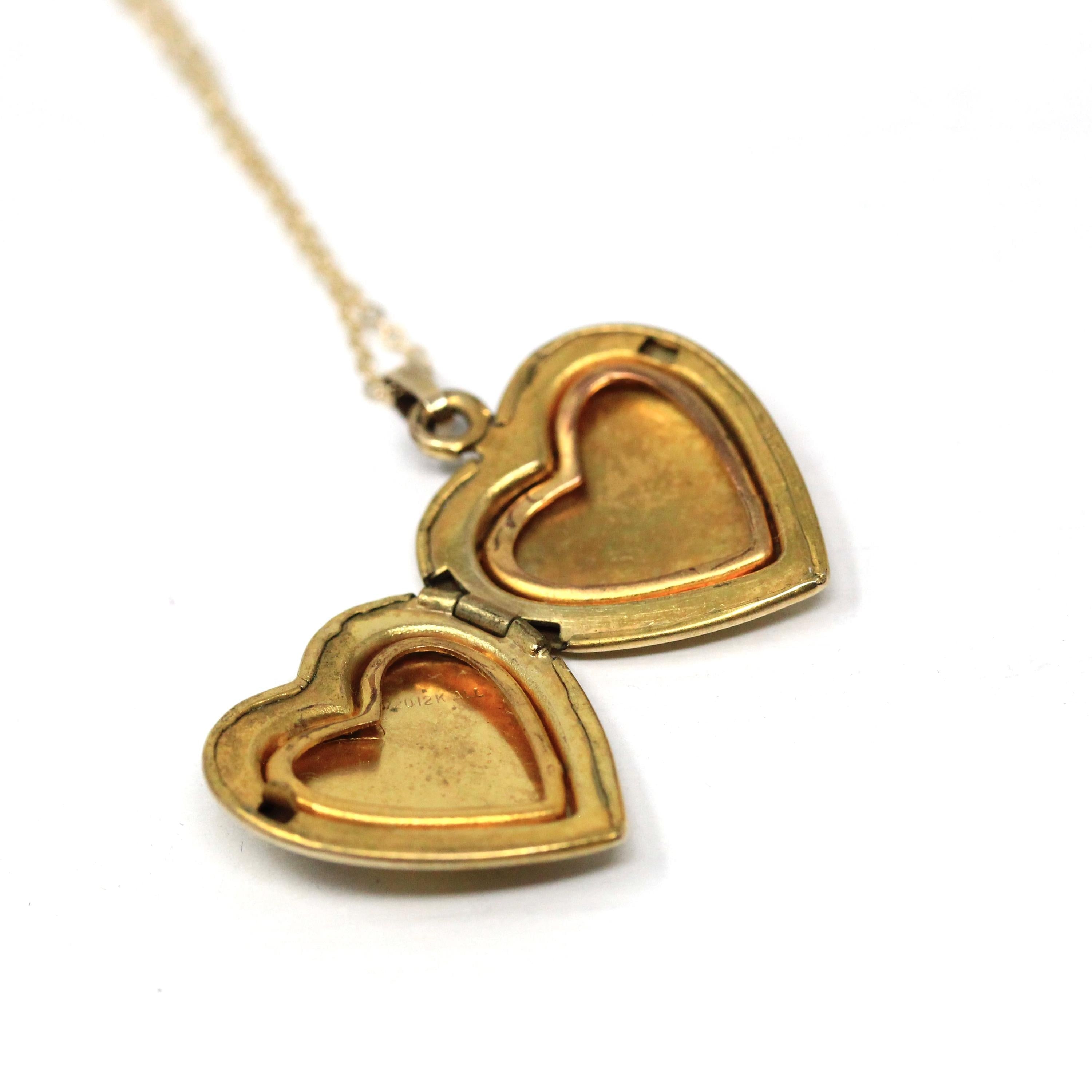 Floral Heart Locket - Retro 12k Gold Filled Heart Shaped Raised Flower Pendant Necklace - Vintage Circa 1940s Era Keepsake Photo 40s Jewelry